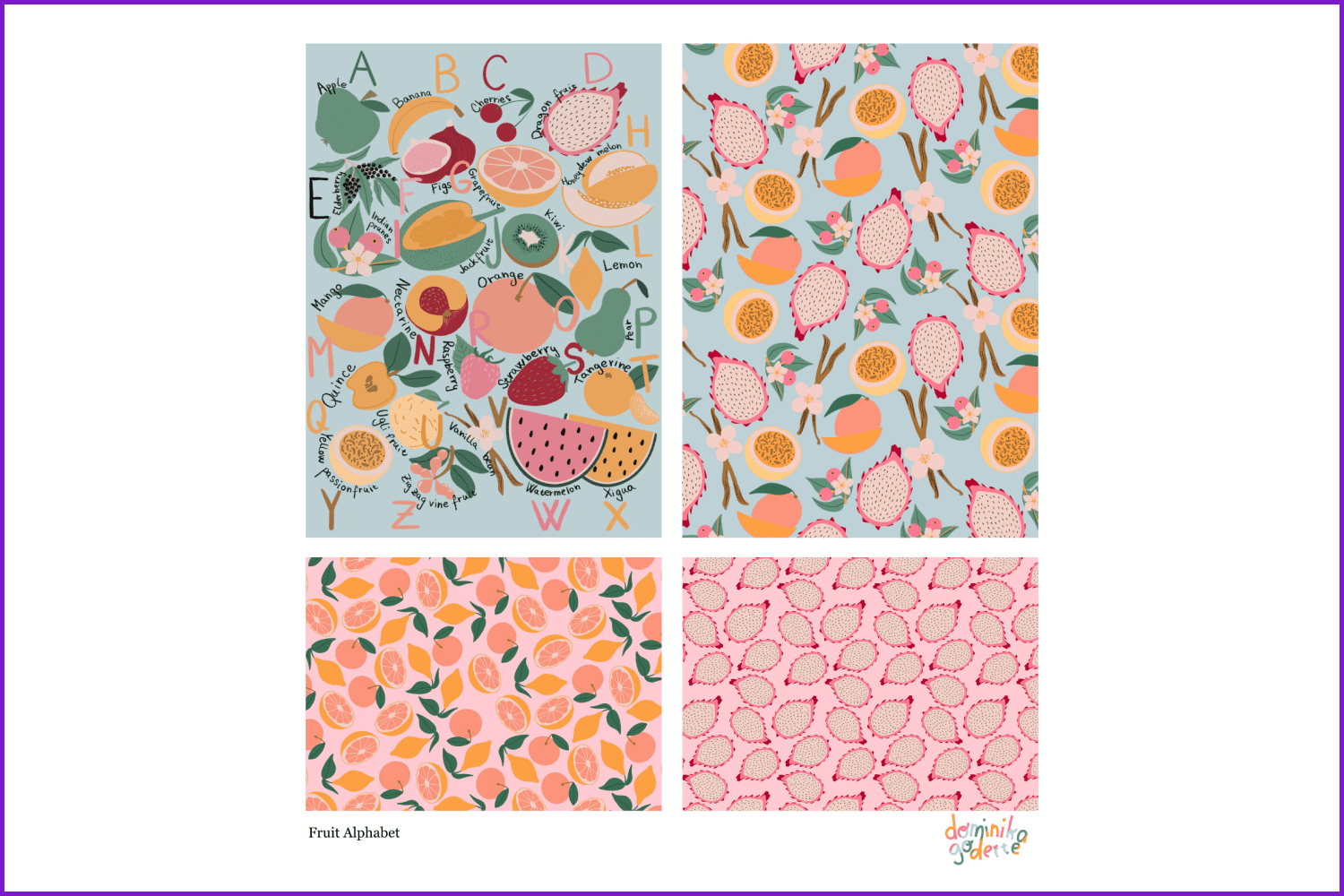 Fruit alphabet patterns.