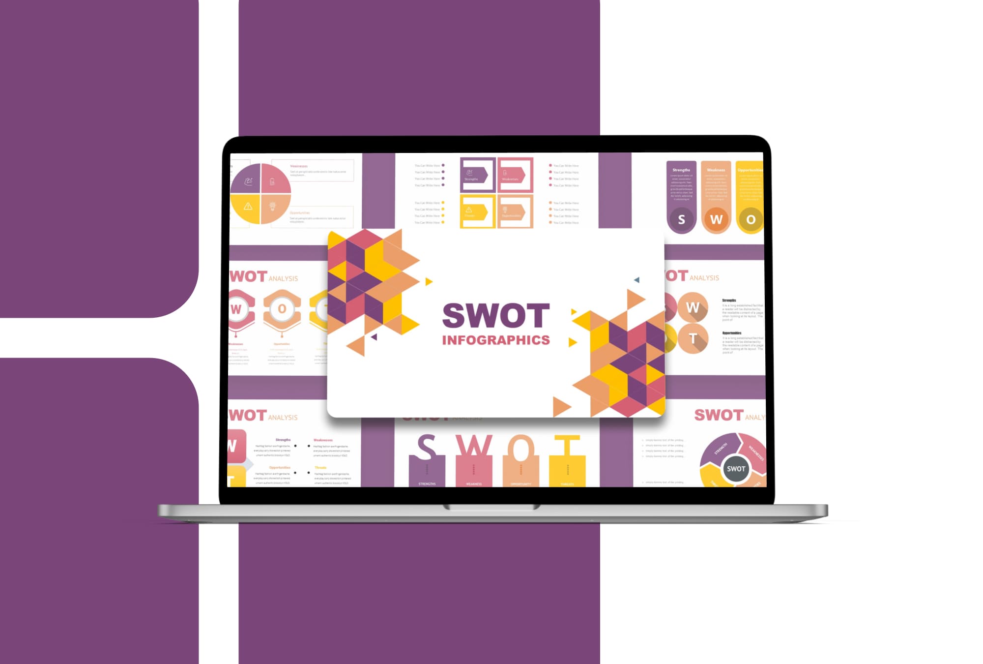 Purple SWOT Presentation: 50 Slides PPTX, KEY, Google Slides - laptop.