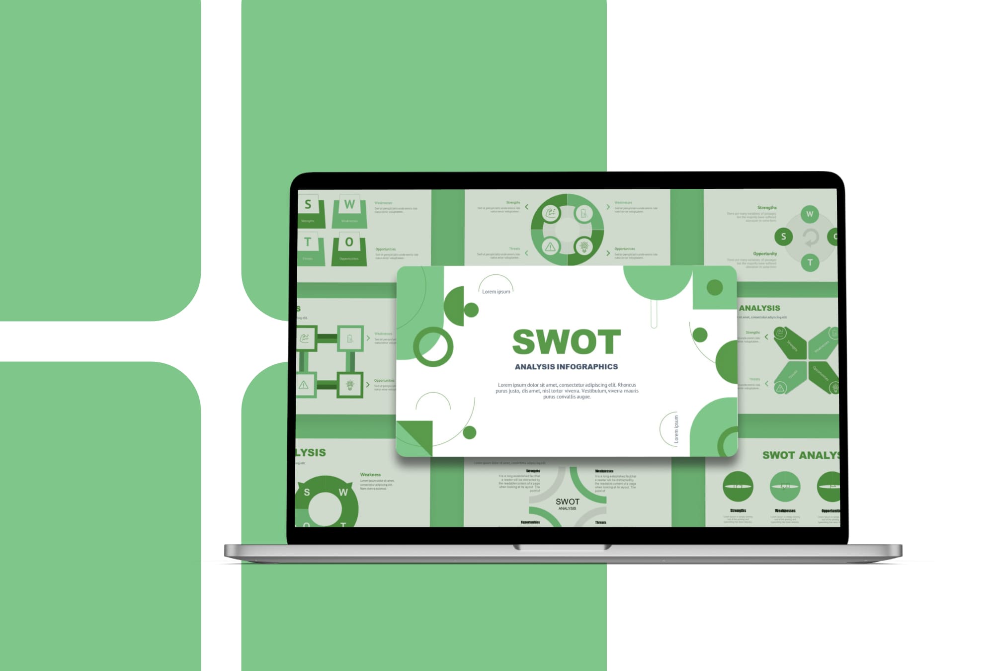 Green SWOT Presentation: 50 Slides PPTX, KEY, Google Slides - laptop.
