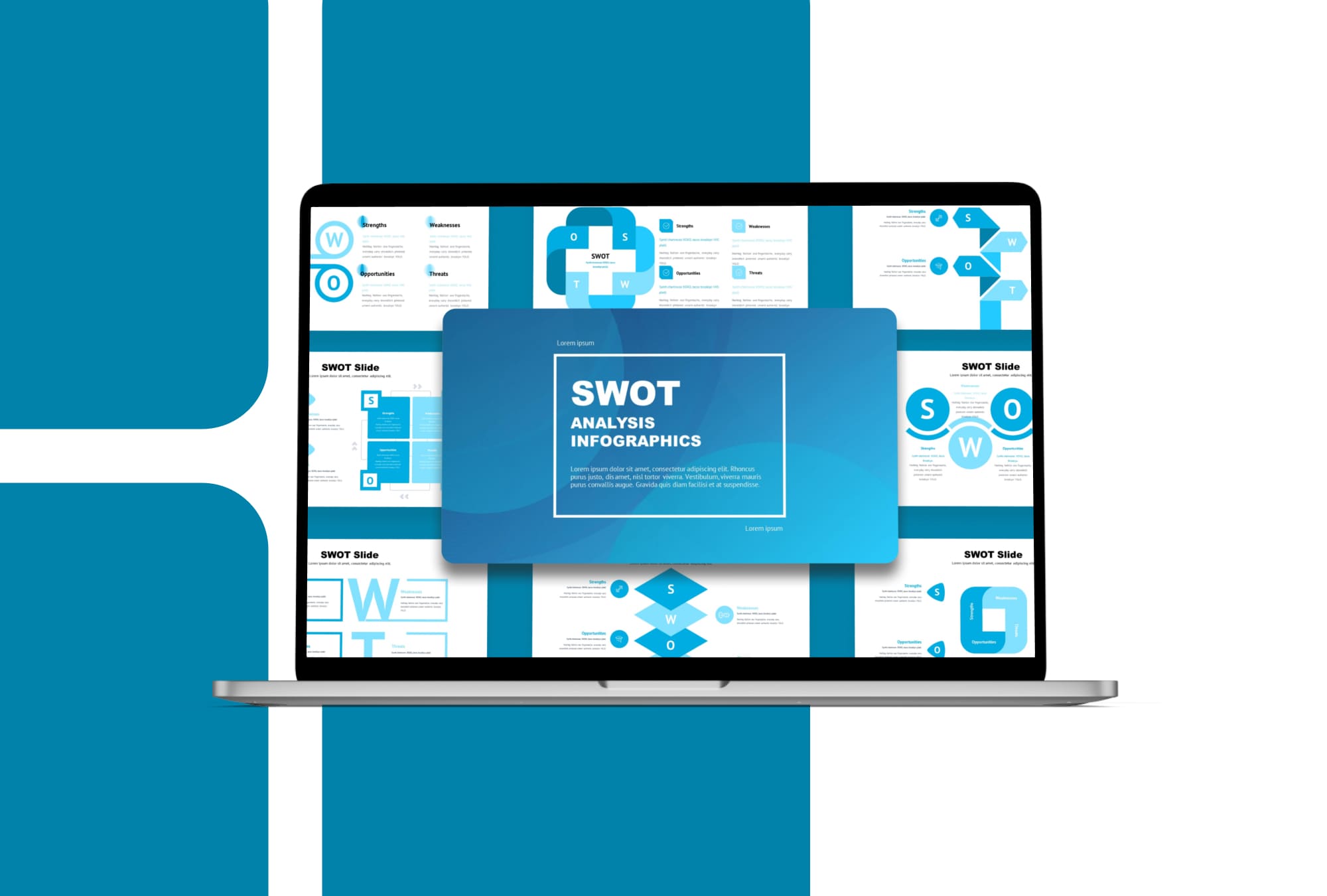 Blue SWOT Presentation: 50 Slides PPTX, KEY, Google Slides - laptop.