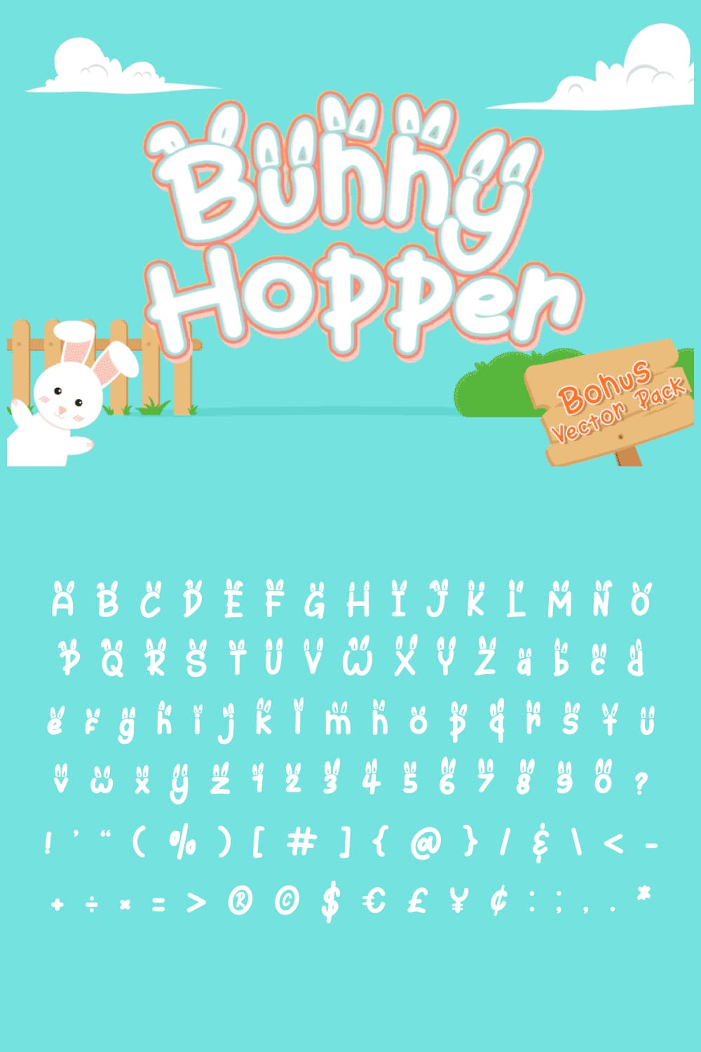 White font with cute rabbit's ears on green background.