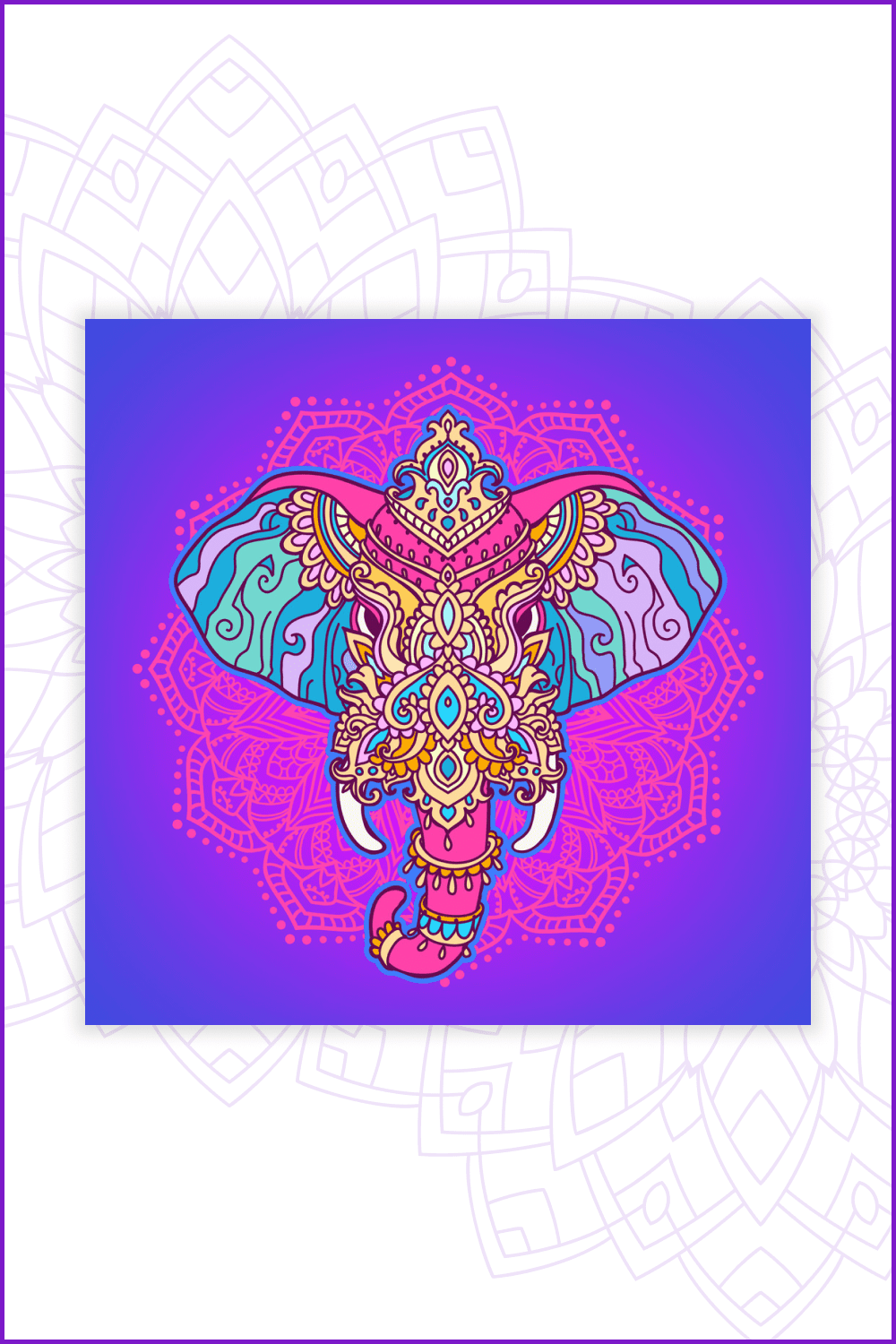 Neon colored elephant head in mandala style.