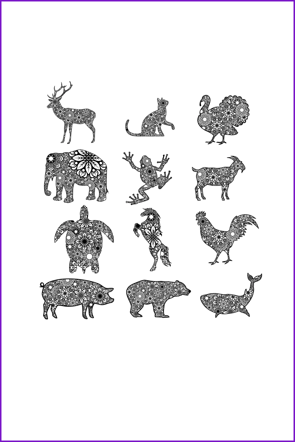 Collection of animal mandala patterns.