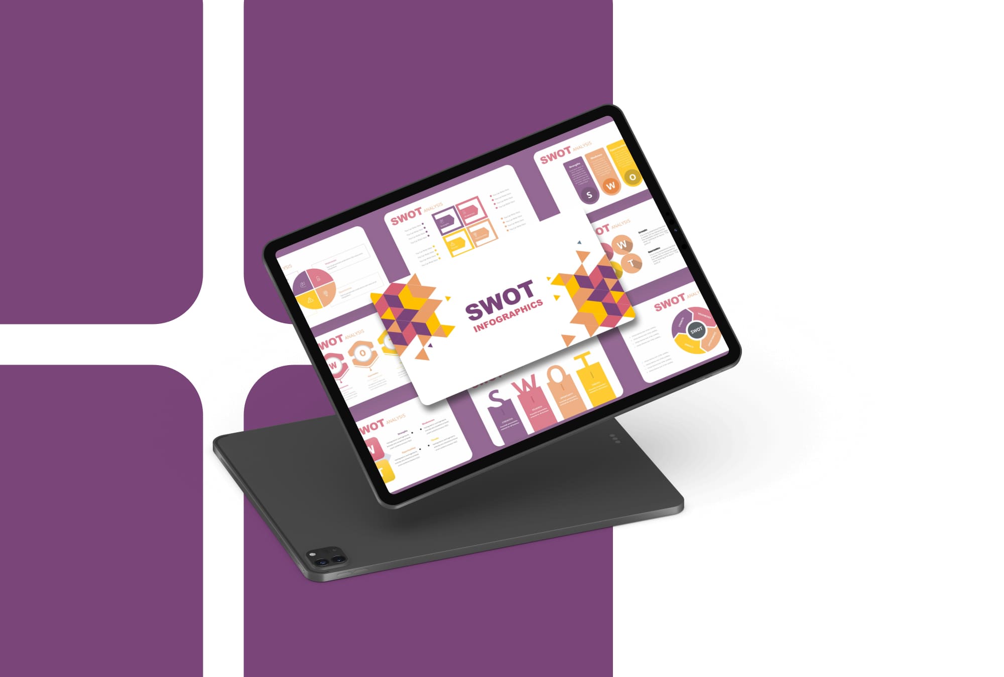 Purple SWOT Presentation: 50 Slides PPTX, KEY, Google Slides - tablet.