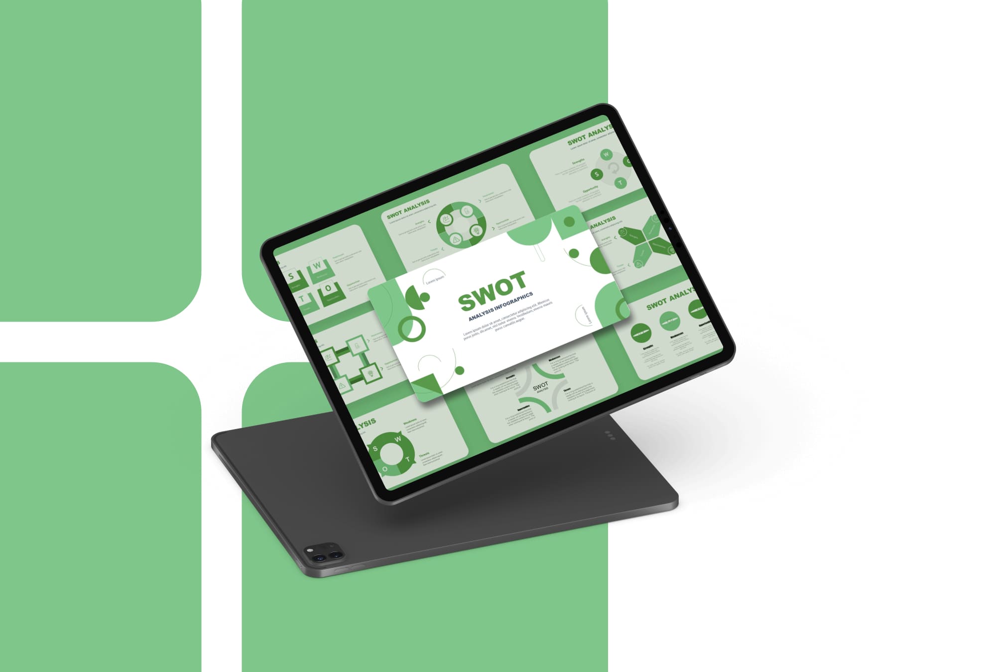 Green SWOT Presentation: 50 Slides PPTX, KEY, Google Slides - tablet.
