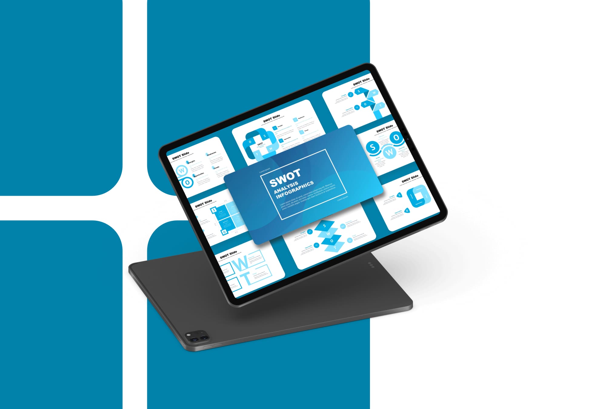 Blue SWOT Presentation: 50 Slides PPTX, KEY, Google Slides - tablet.