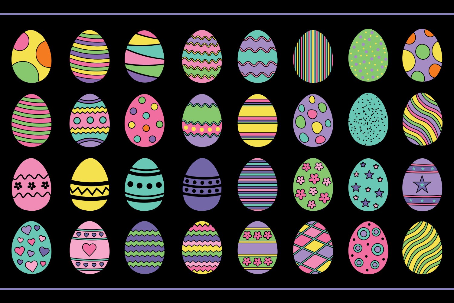 Black background with colorful eggs.