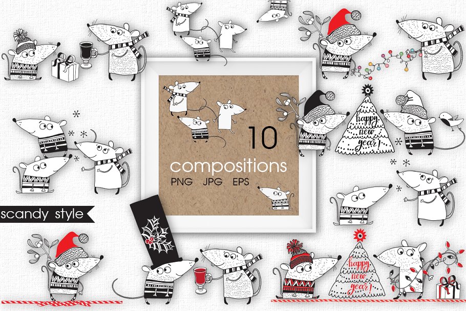10 festive compositions with funny rats in scandy style.