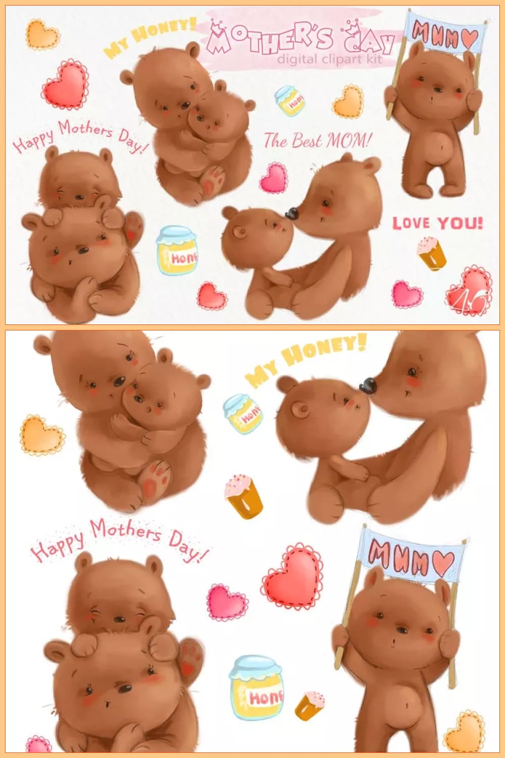 Big mom teddy bear and teddy bear on a white background with hearts.