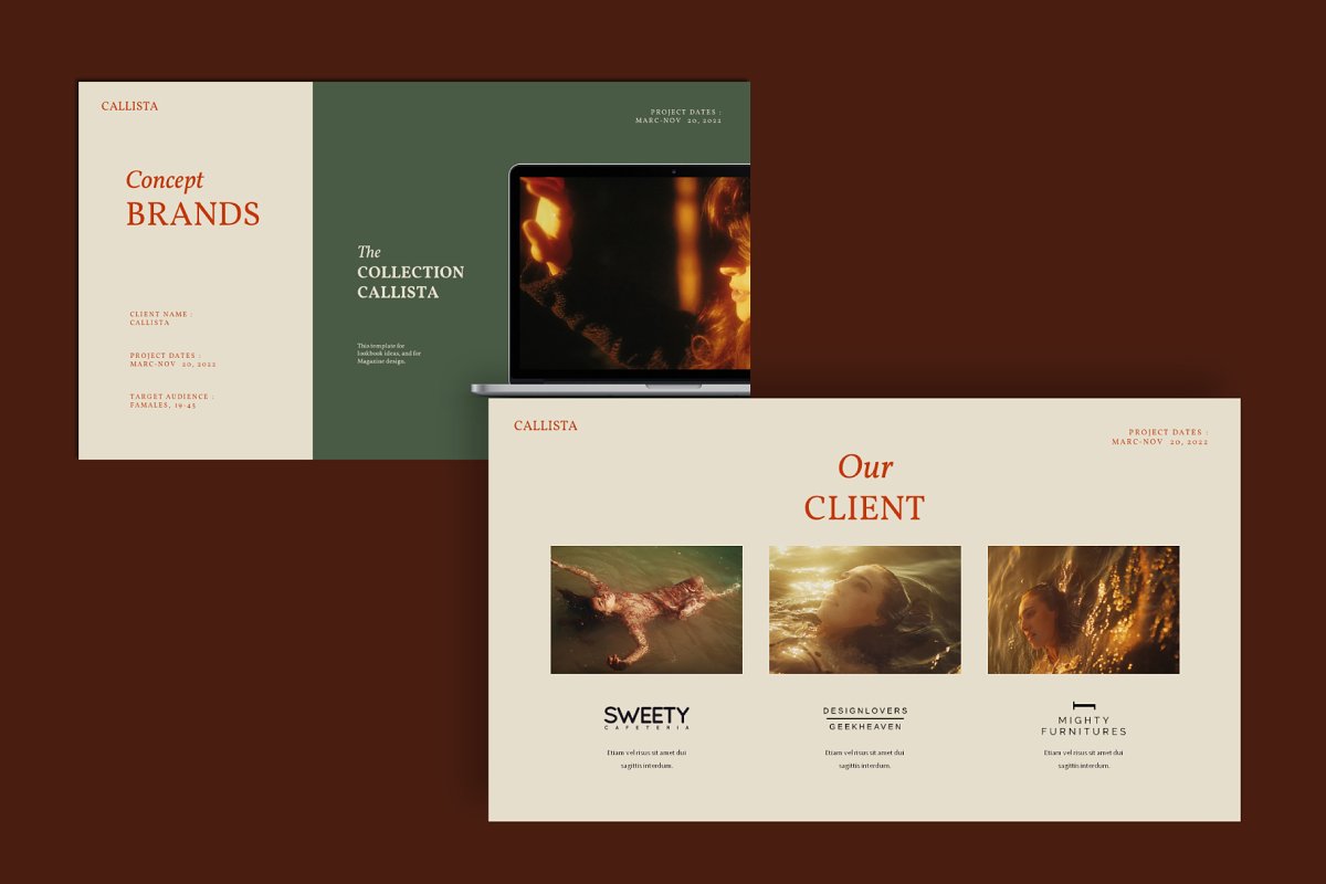 Deep greens, brown elements and red typography are a classic set for a quality presentation.