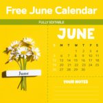 Free Yellow June Editable Calendar.
