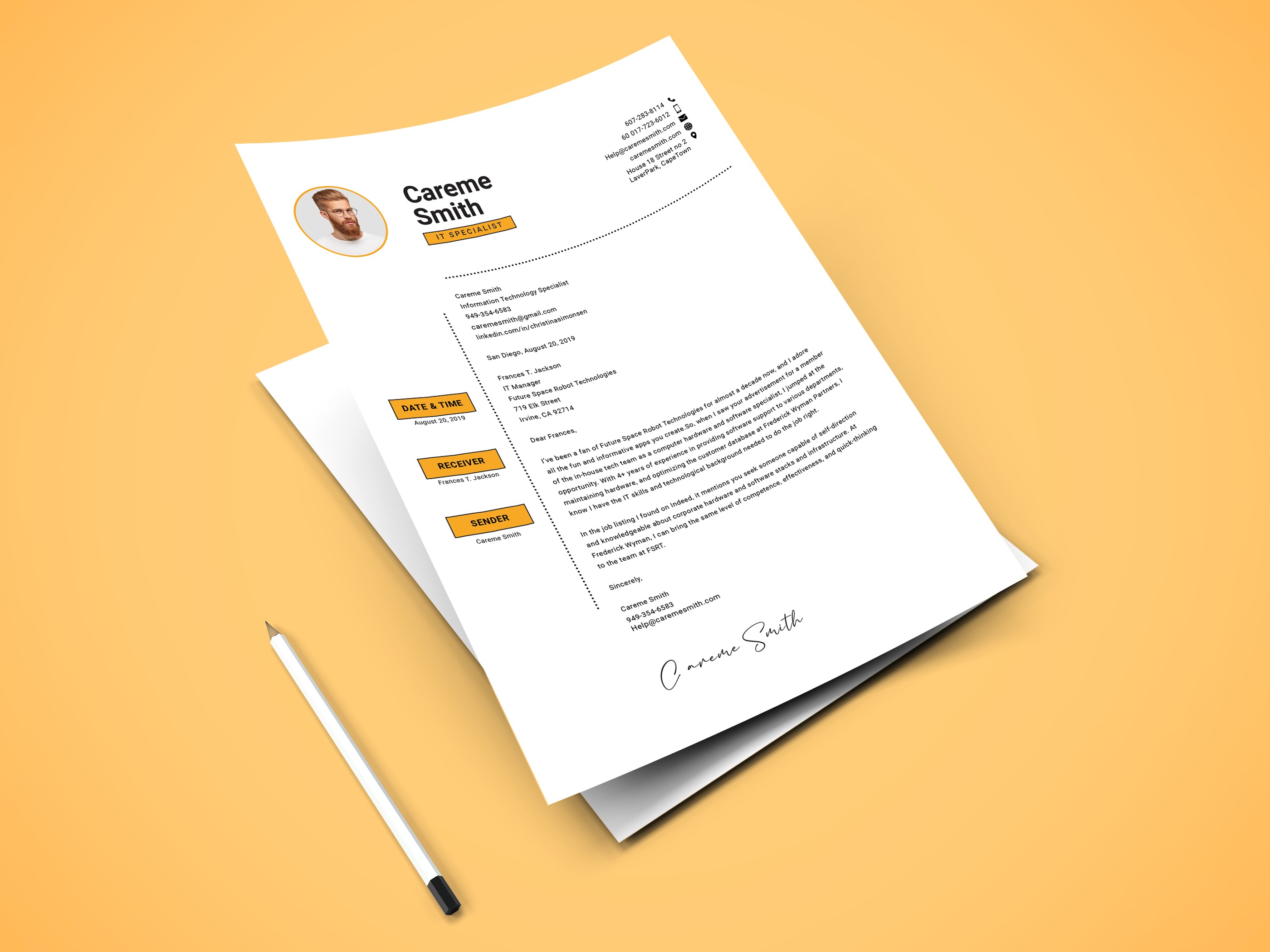 Cover letter and a pen on a yellow background.