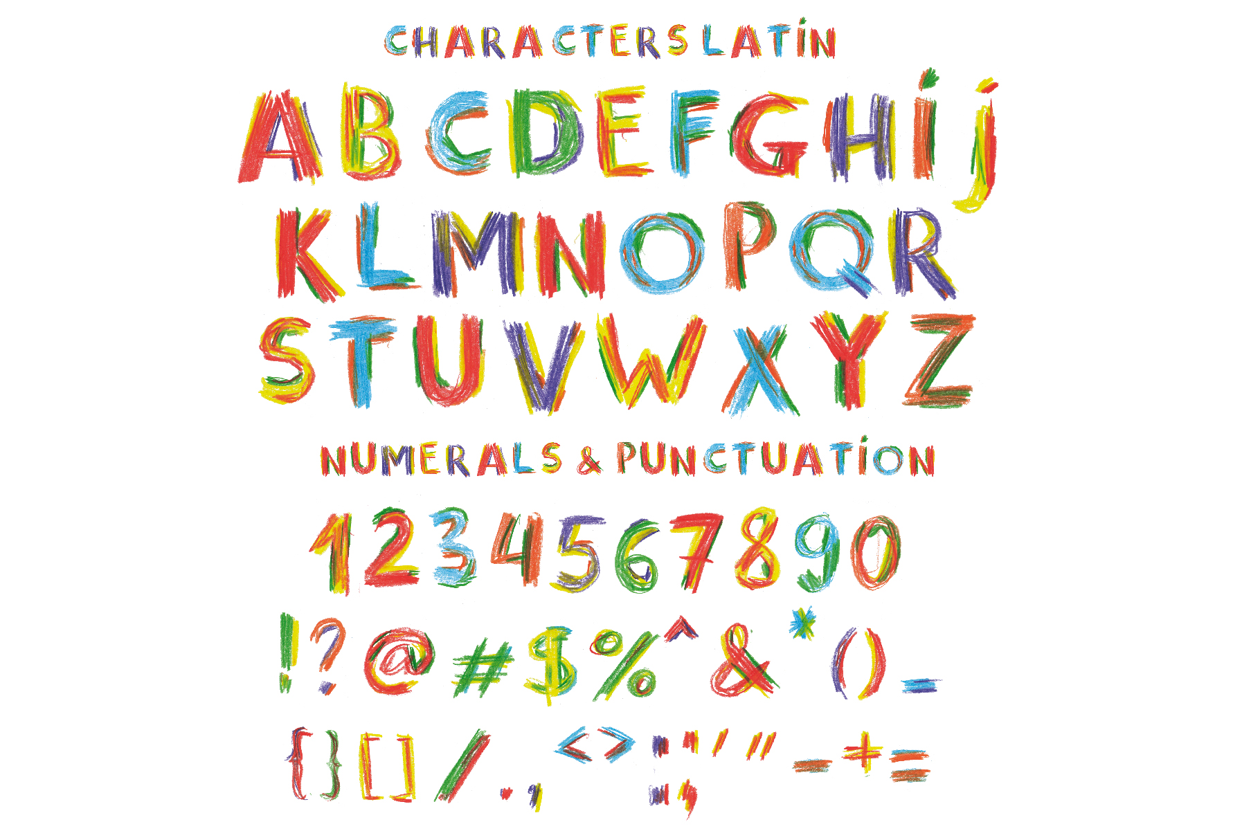 Latin colorful letters with numerals & punctuation.