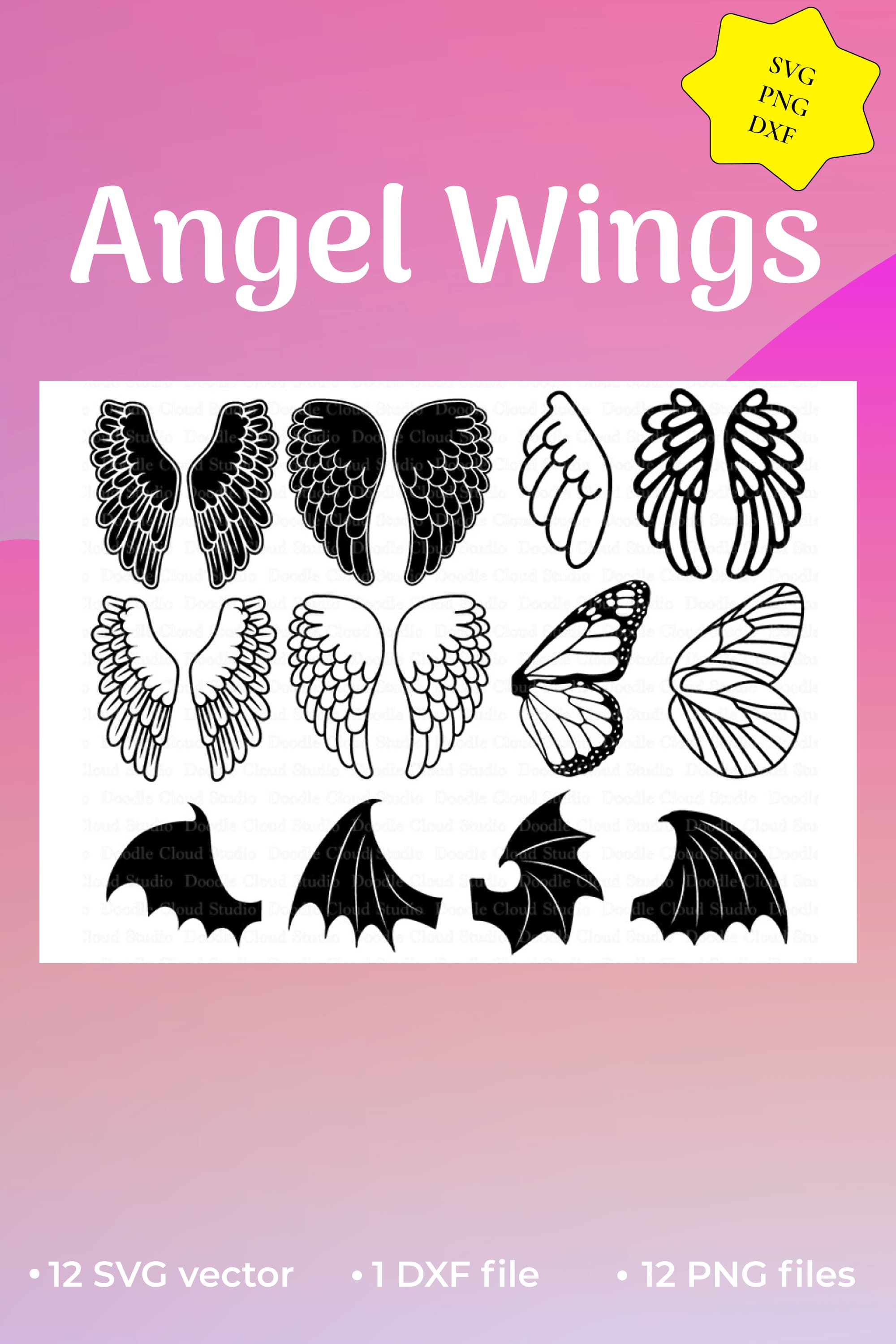 Minimalistic angel wings illustrations in black.