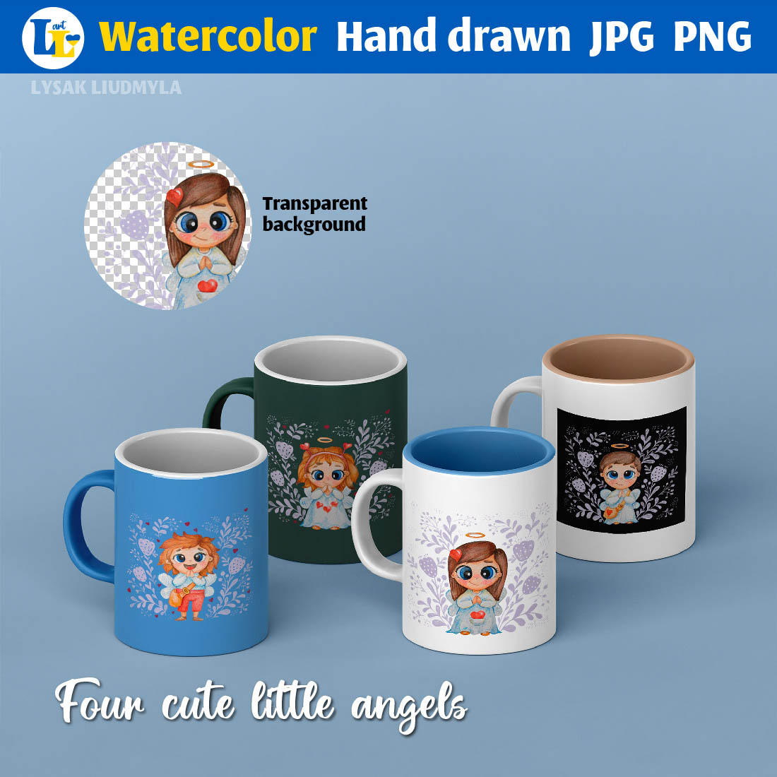 Watercolor Illustration Four Cute Little Angels cup moskup.