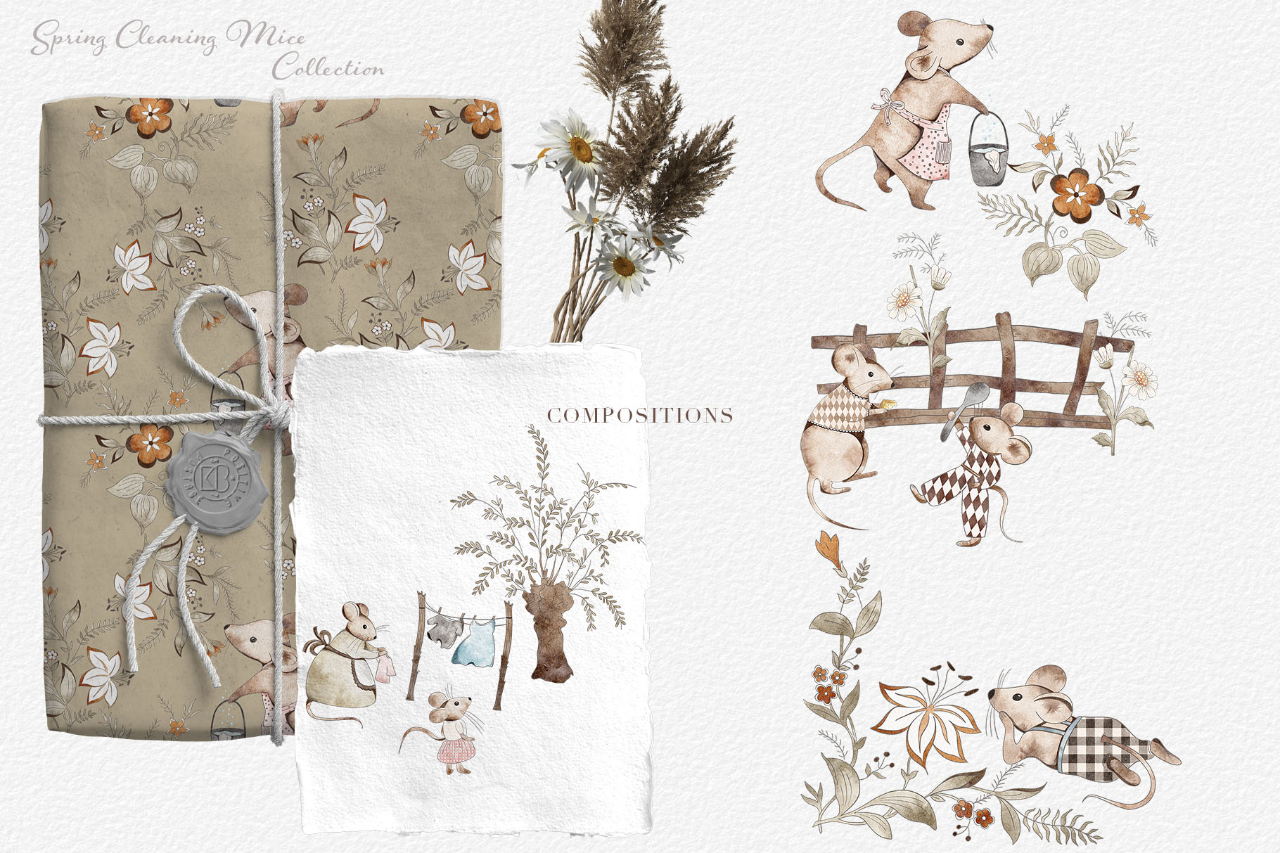 Watercolor Spring Cleaning Cute Mice Nursery Art Collection elements.