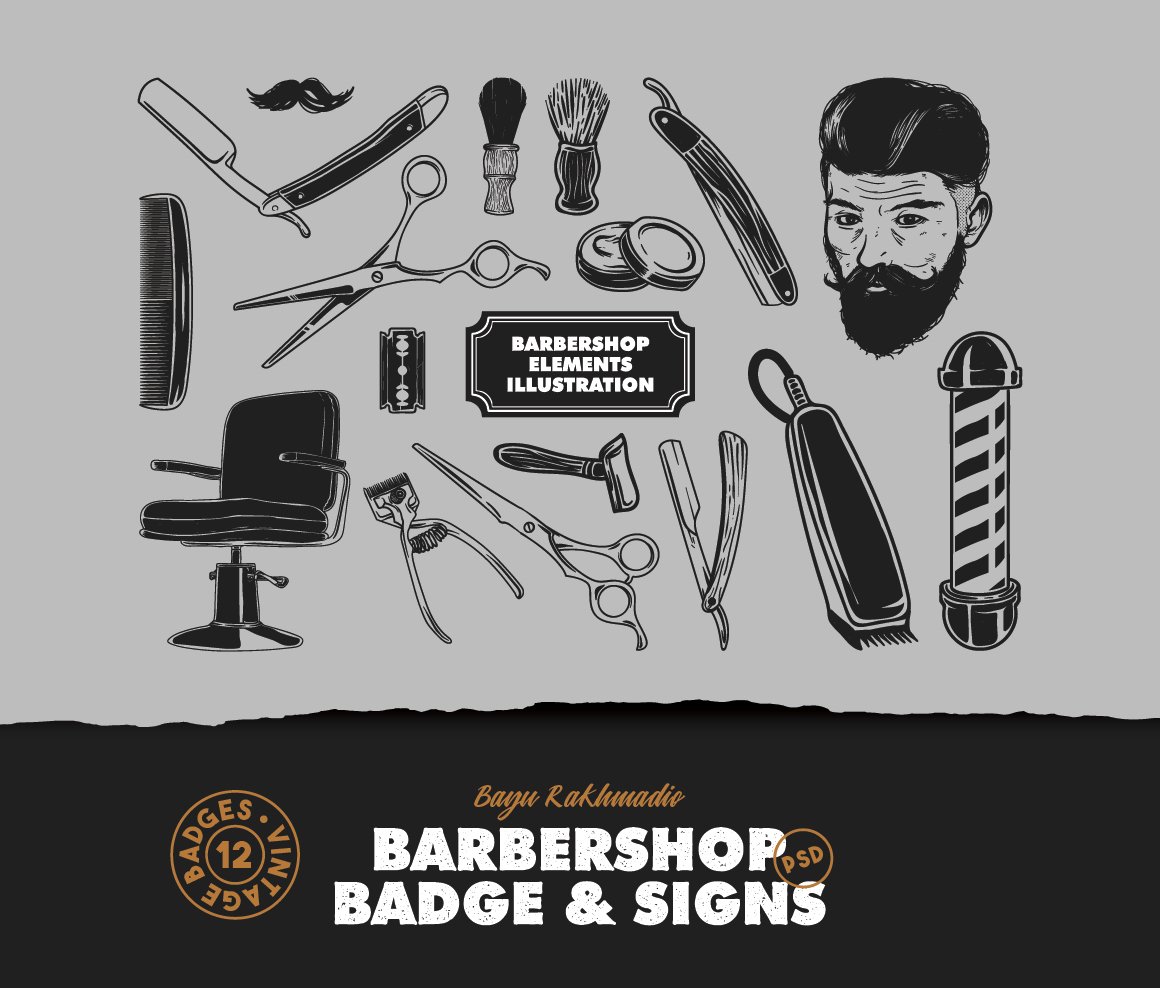 Grey background with black barber tools.