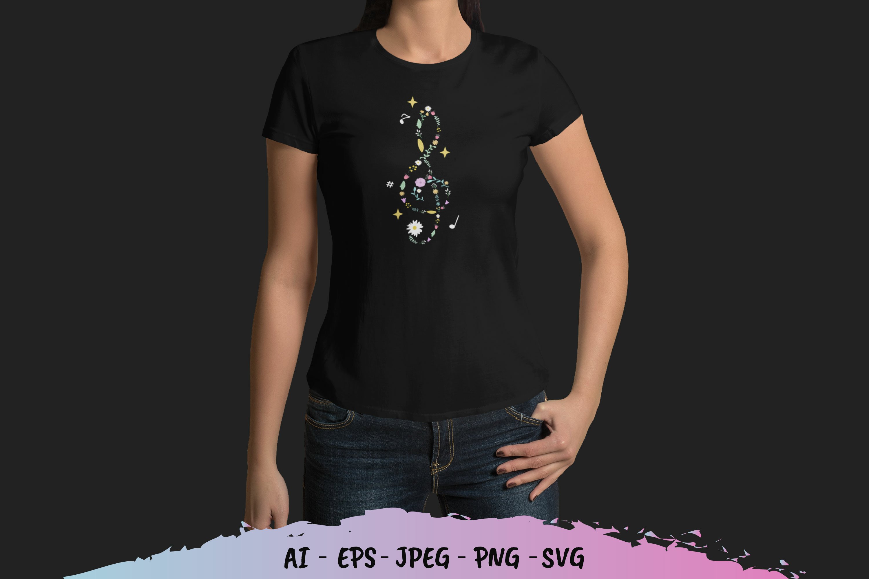 Black t-shirt with bright music note.