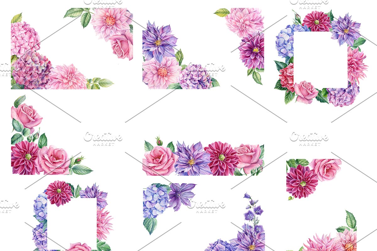 Decorate your space with a collection of hand-drawn graphic dahlias flowers.