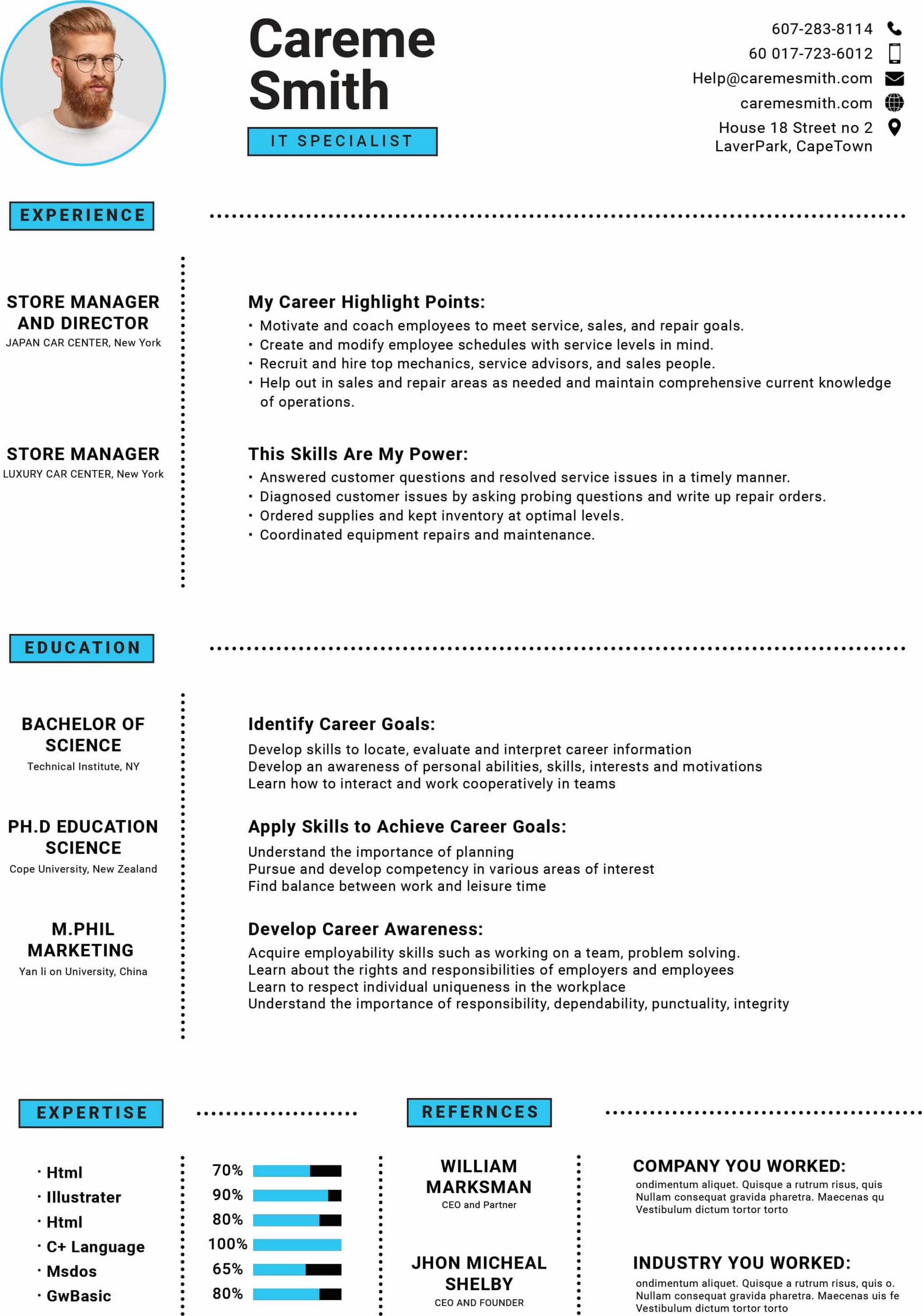 Professional resume with a blue background.
