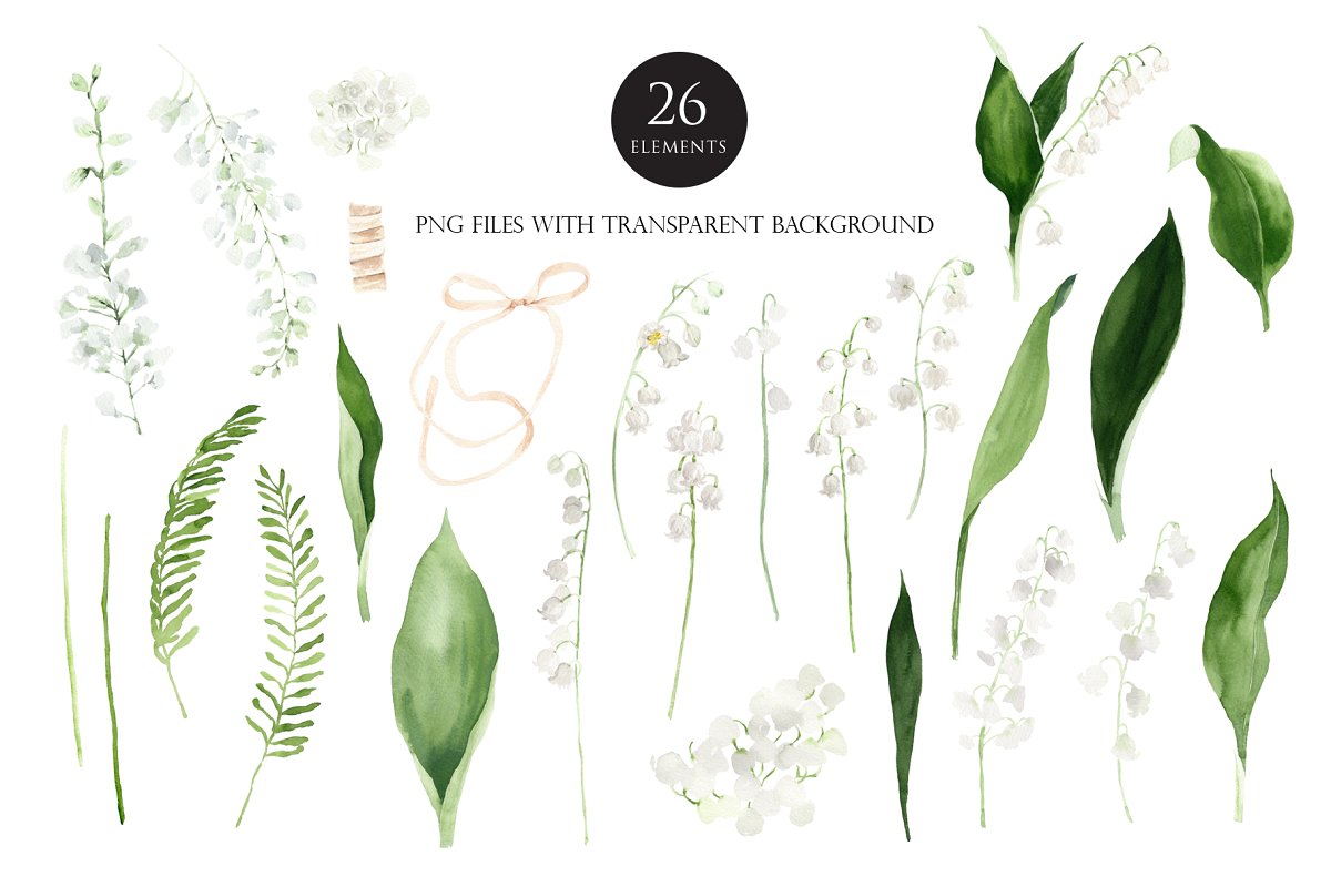 This illustration set includes 26 PNG floral watercolor elements with transparent background.