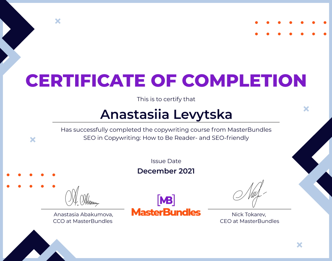 Certificate of completion of Anastasiia Levytska.