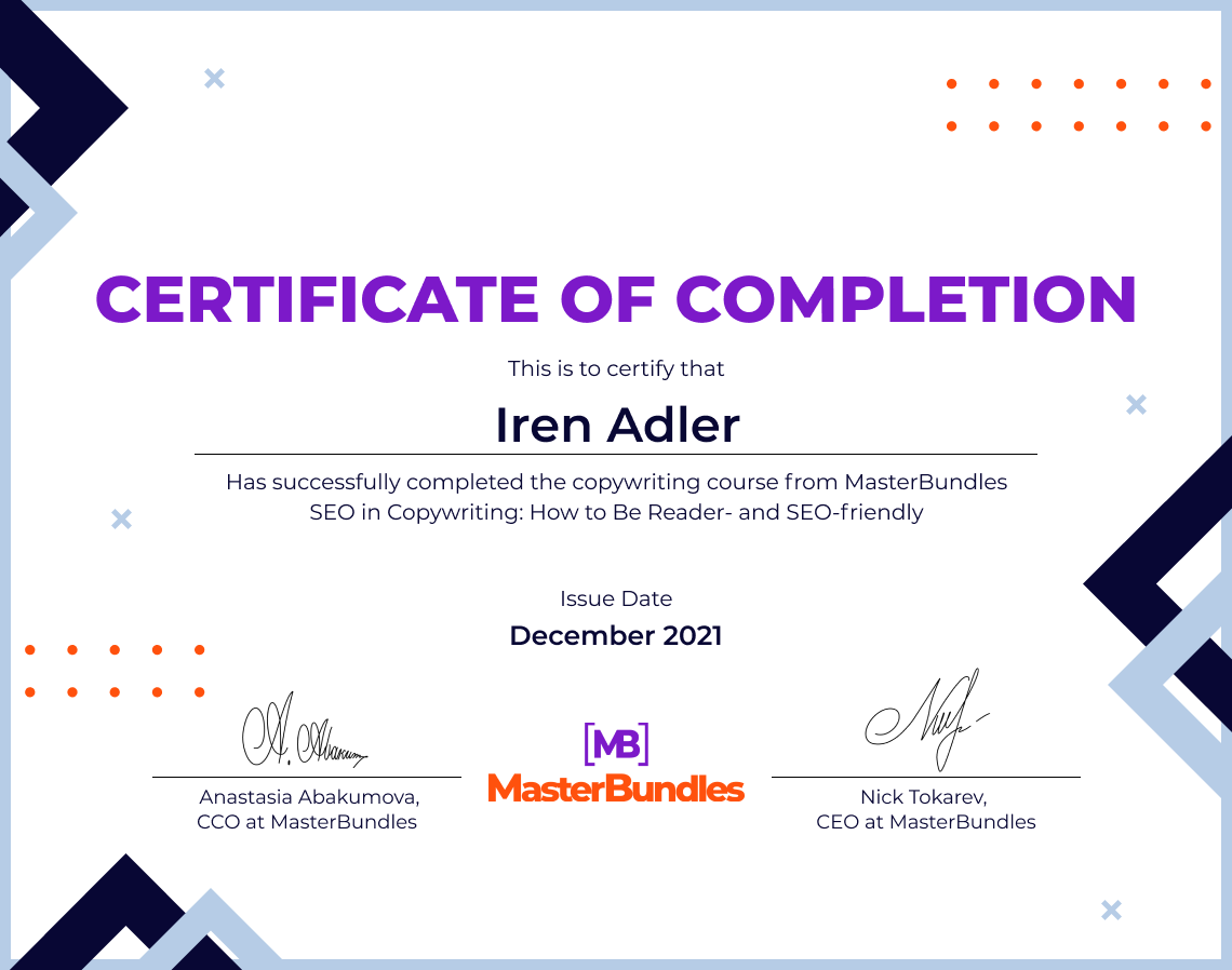certificate of completion of Iren Adler.