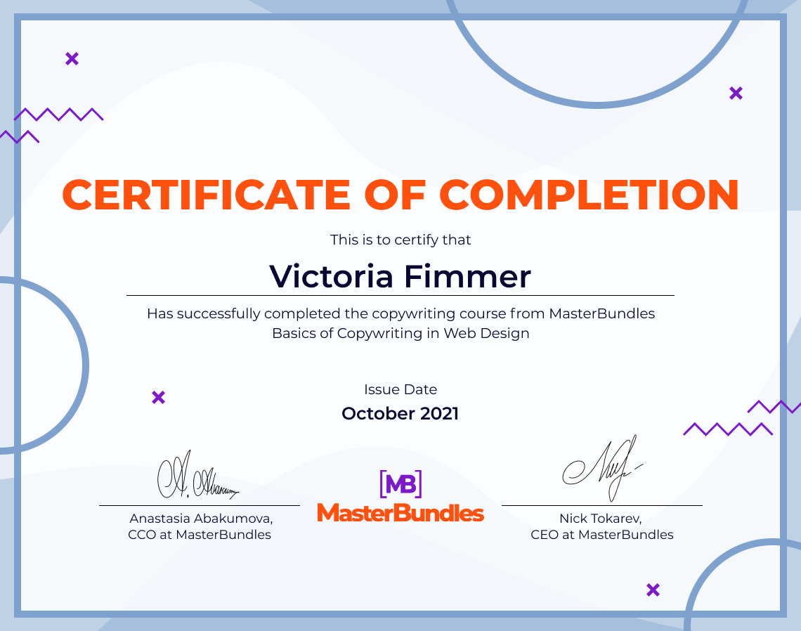 Certificate of completion of Victoria Fimmer.