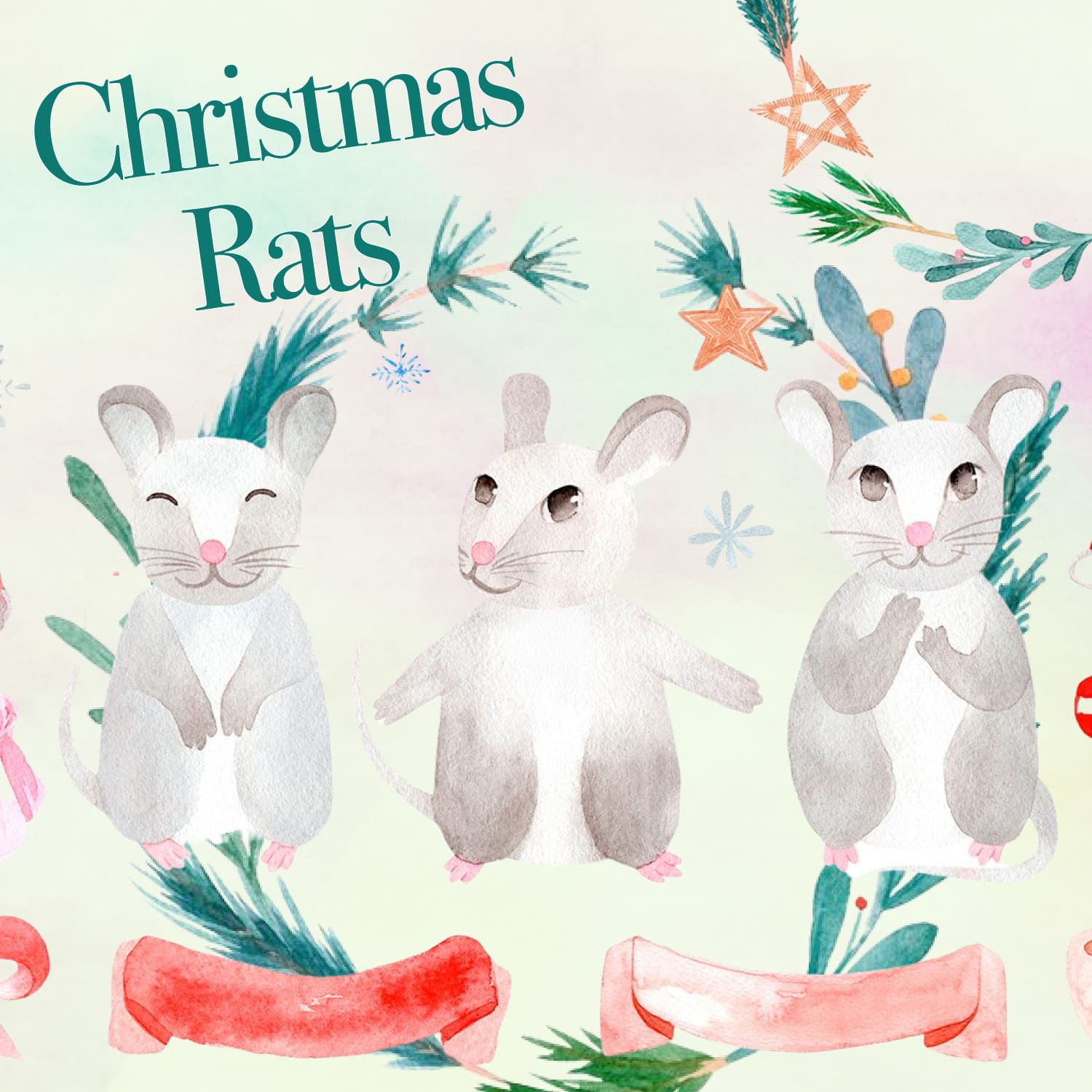 Collection of hand-drawn watercolor Christmas Rats.