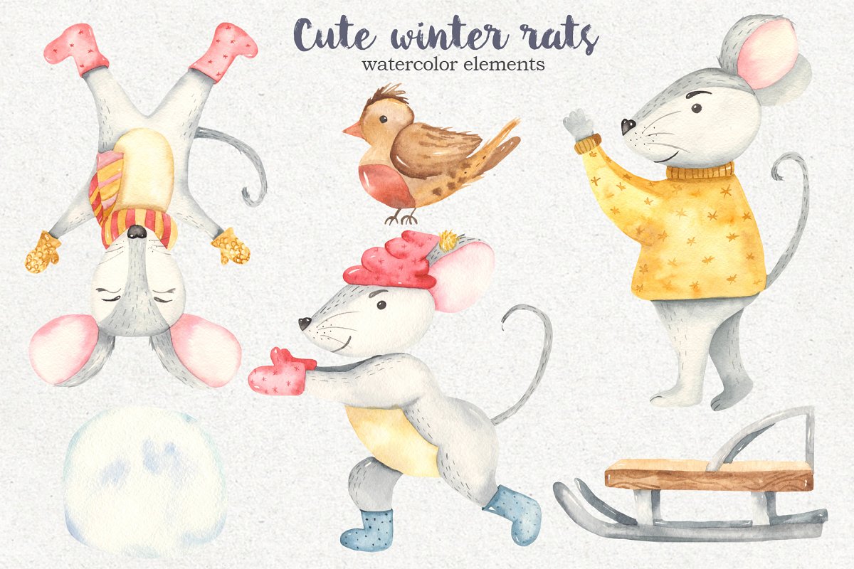 Watercolor collection of hand painted high quality cute cartoon rats.