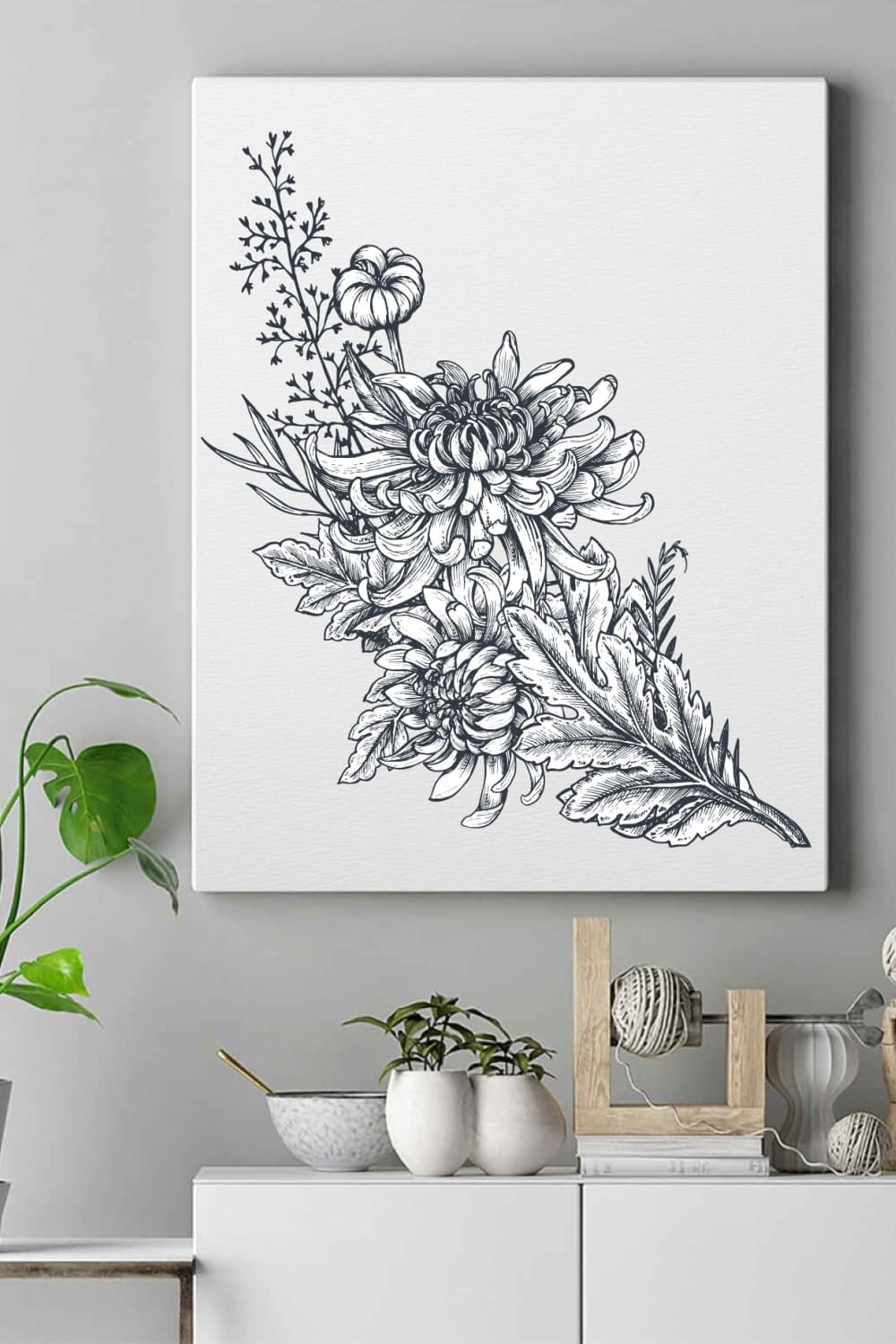Decorate your space with a collection of hand-drawn graphic chrysanthemum flowers.