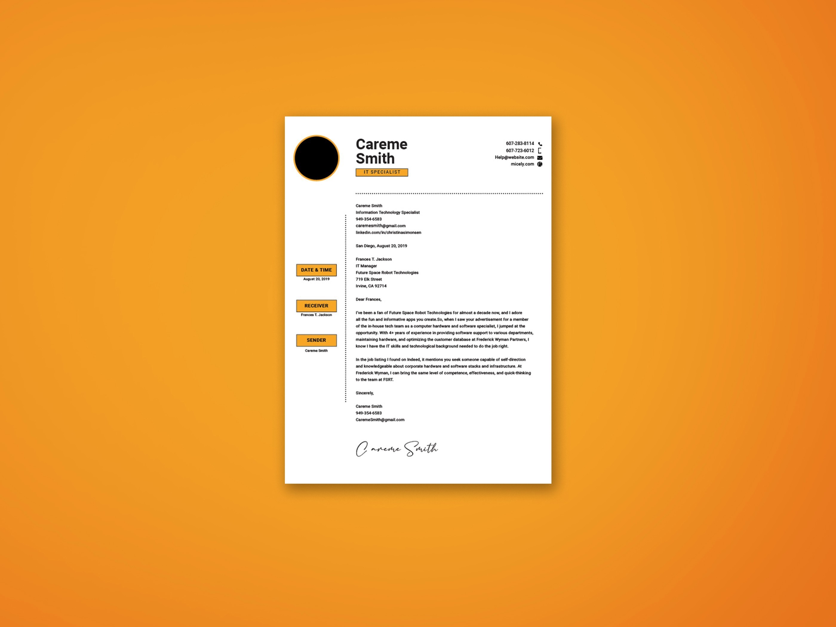 Letterhead with a black circle on top of it.