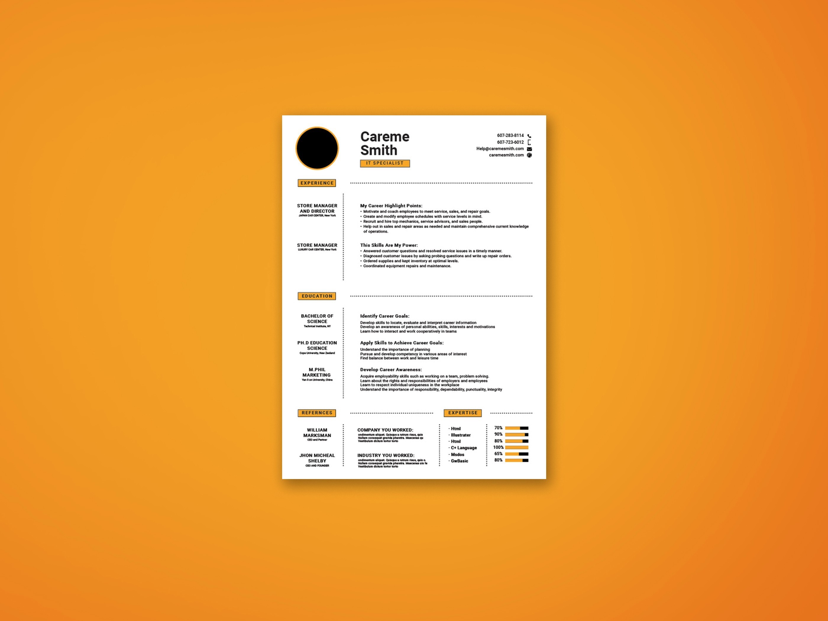 Clean and modern resume template on an orange background.