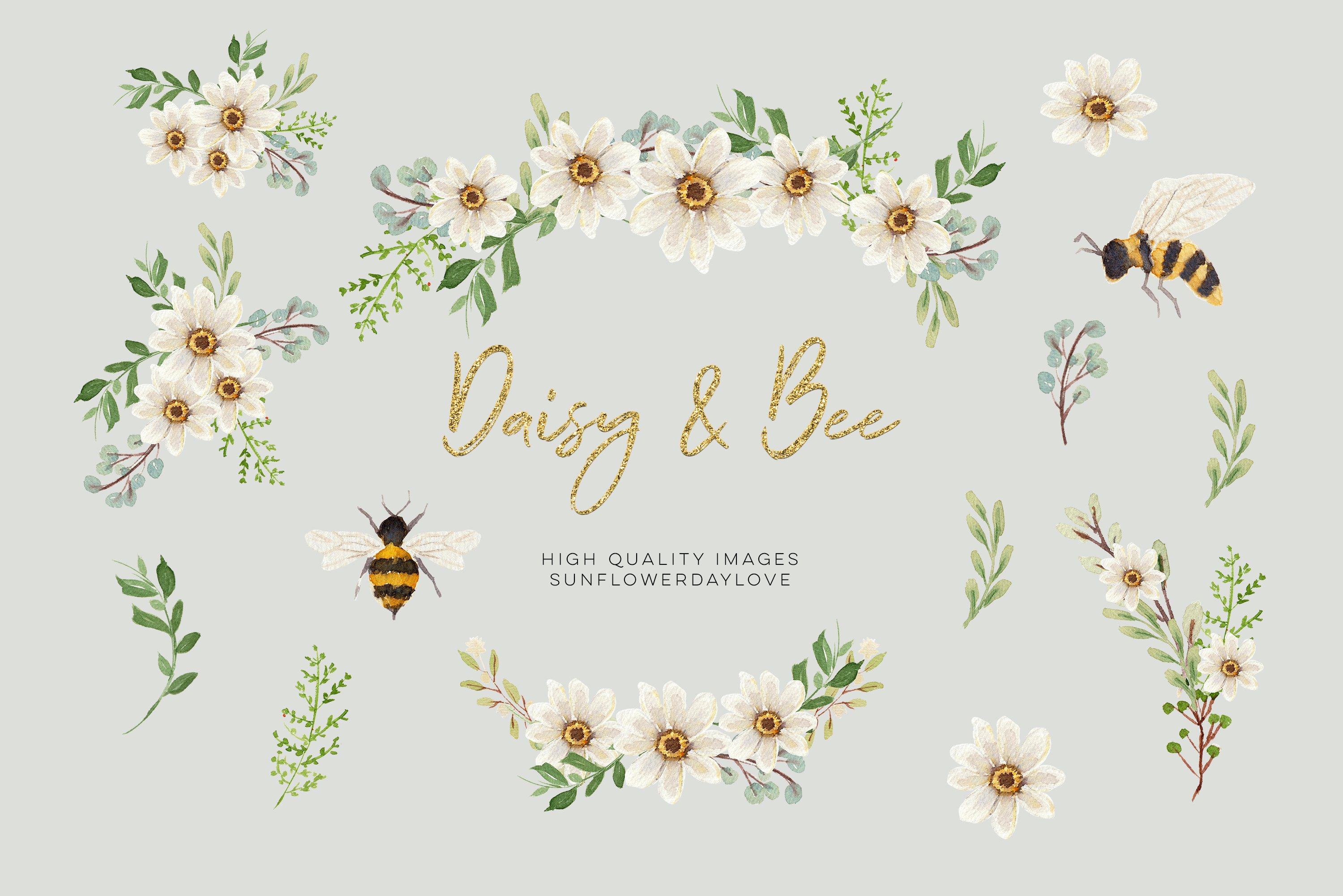 Daises and bees collection with a glitter font.