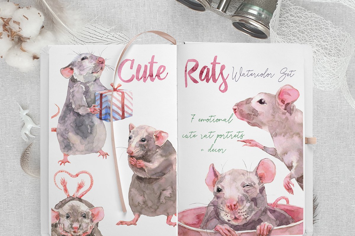 Cover image of Cute Rats Watercolor Set.