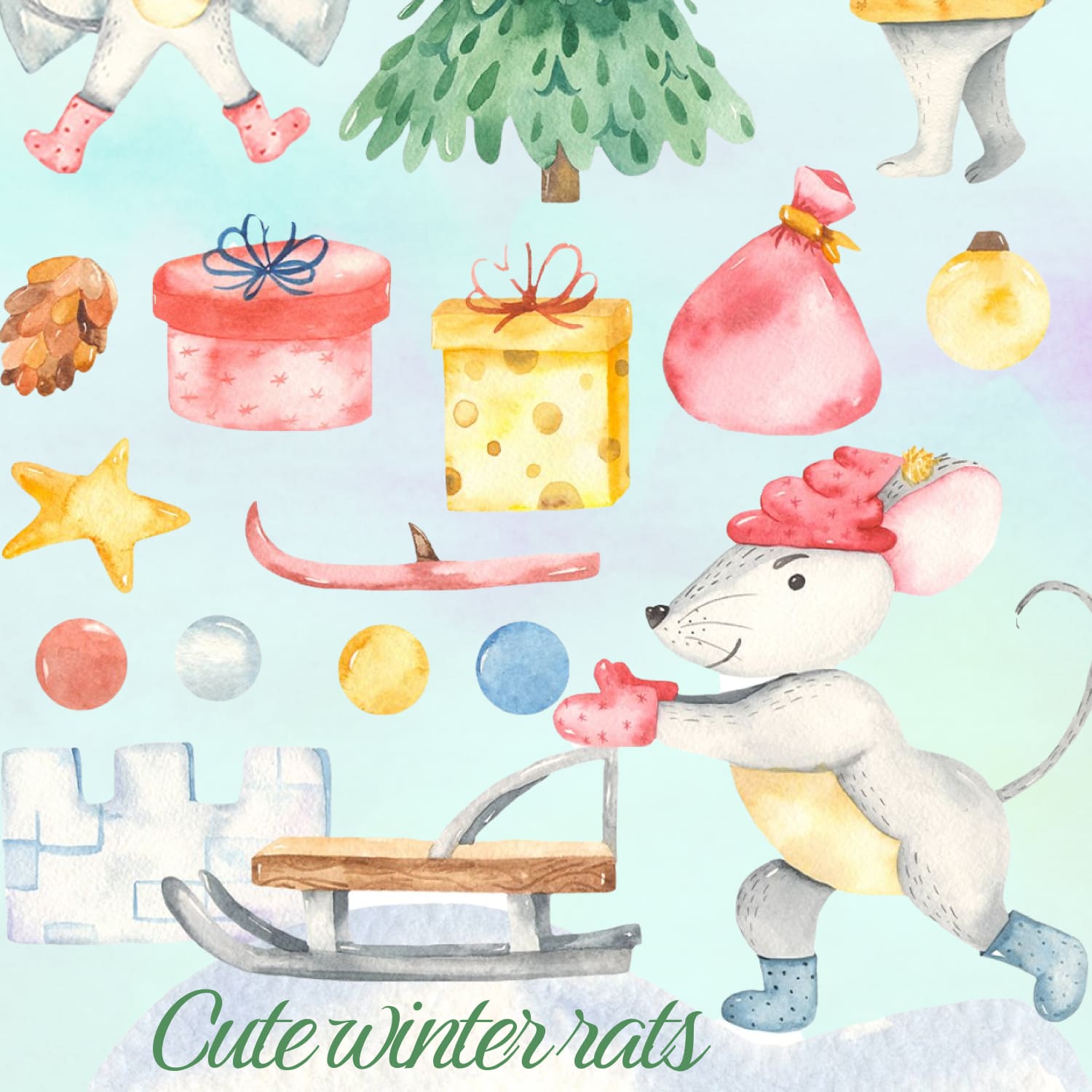 The collection includes: cute characters of rats, snowman, Christmas tree, sleigh, gifts and much more.