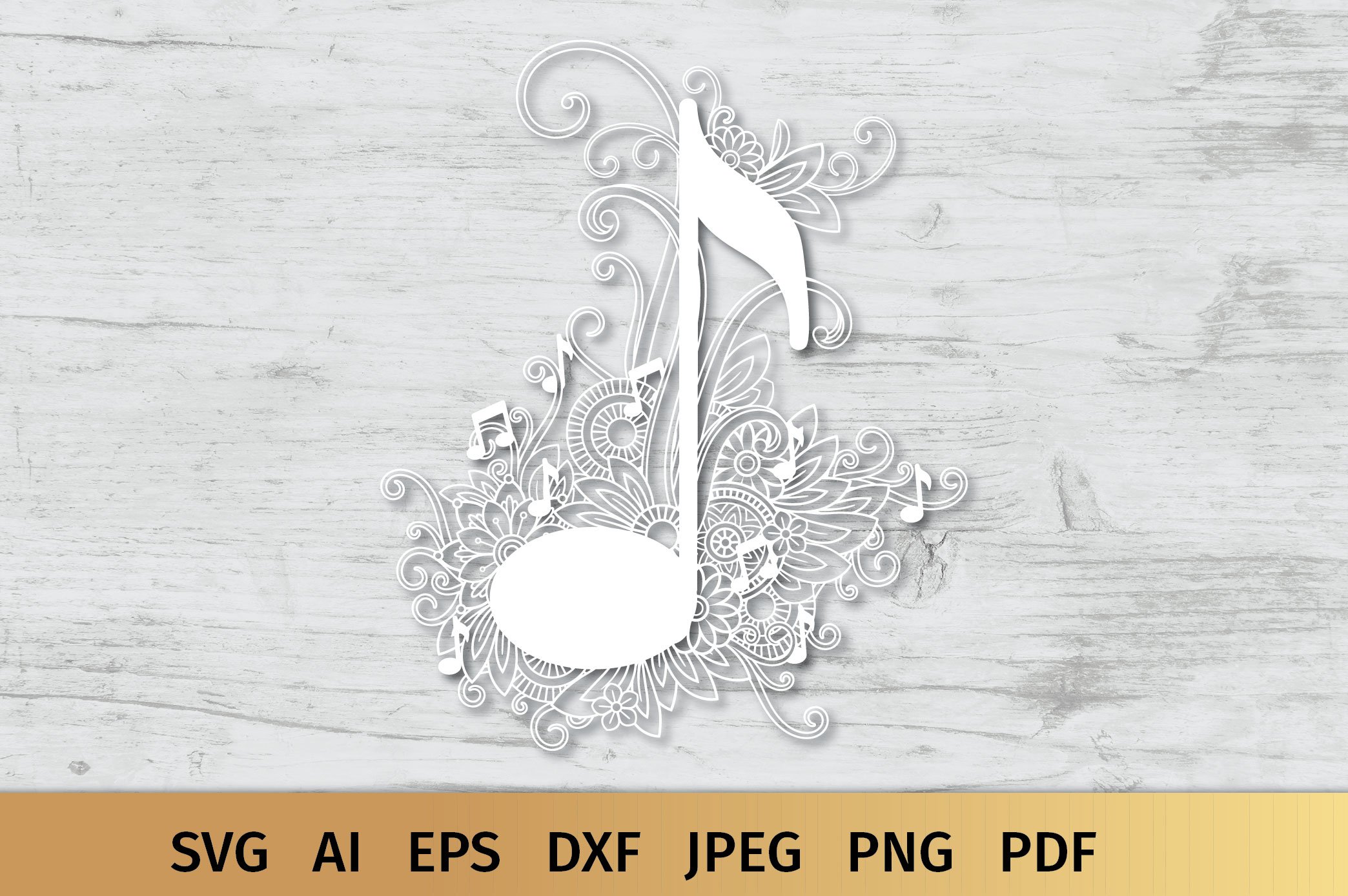 White wooden background with white music note.