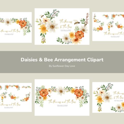Daisies & Bee Arrangement Clipart.