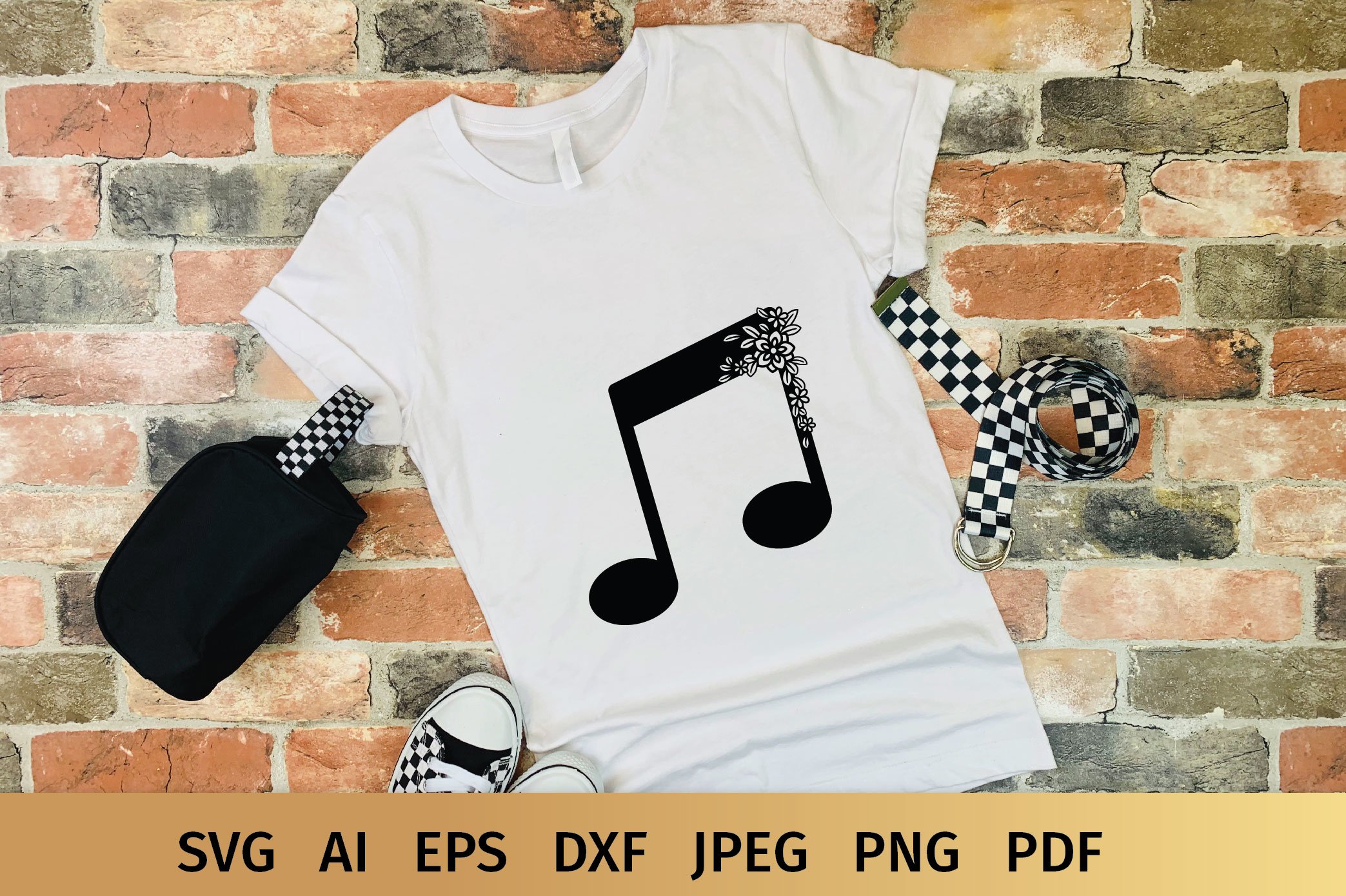 Classic white t-shirt with black music note.