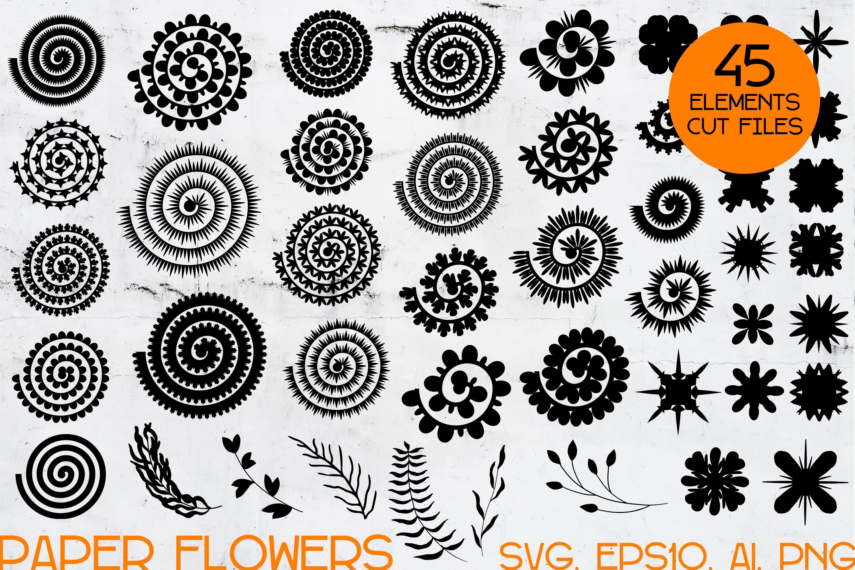 Black rolled flowers for different brands and projects on a beige wooden background.