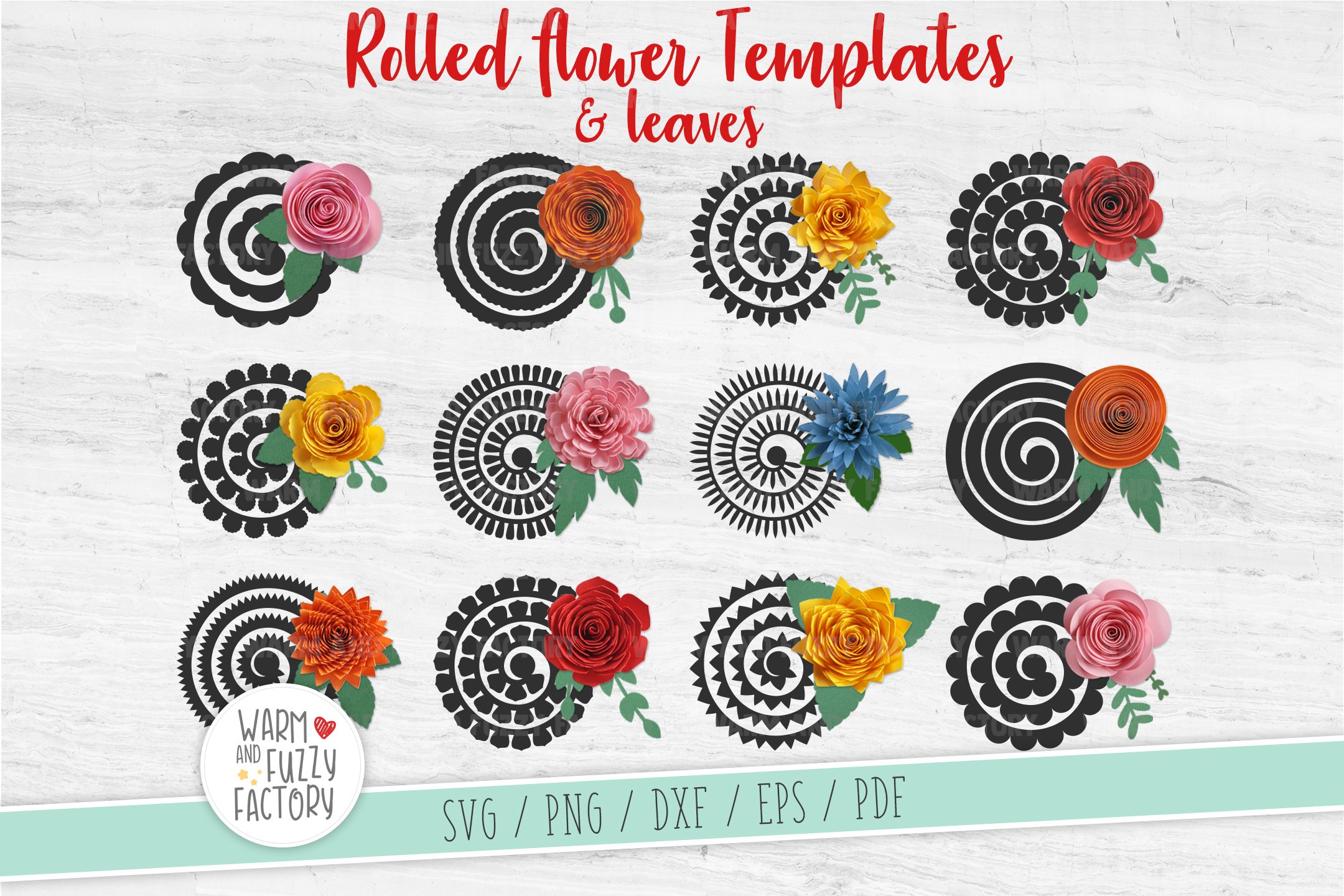 Rolled flowers with ornaments on the light wooden background.
