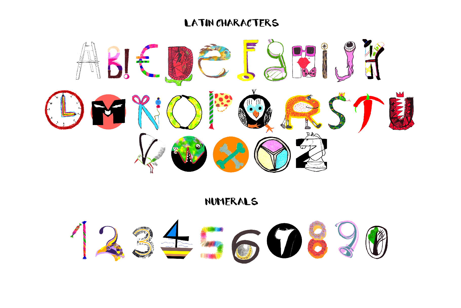 Latin colorful letters with numerals.