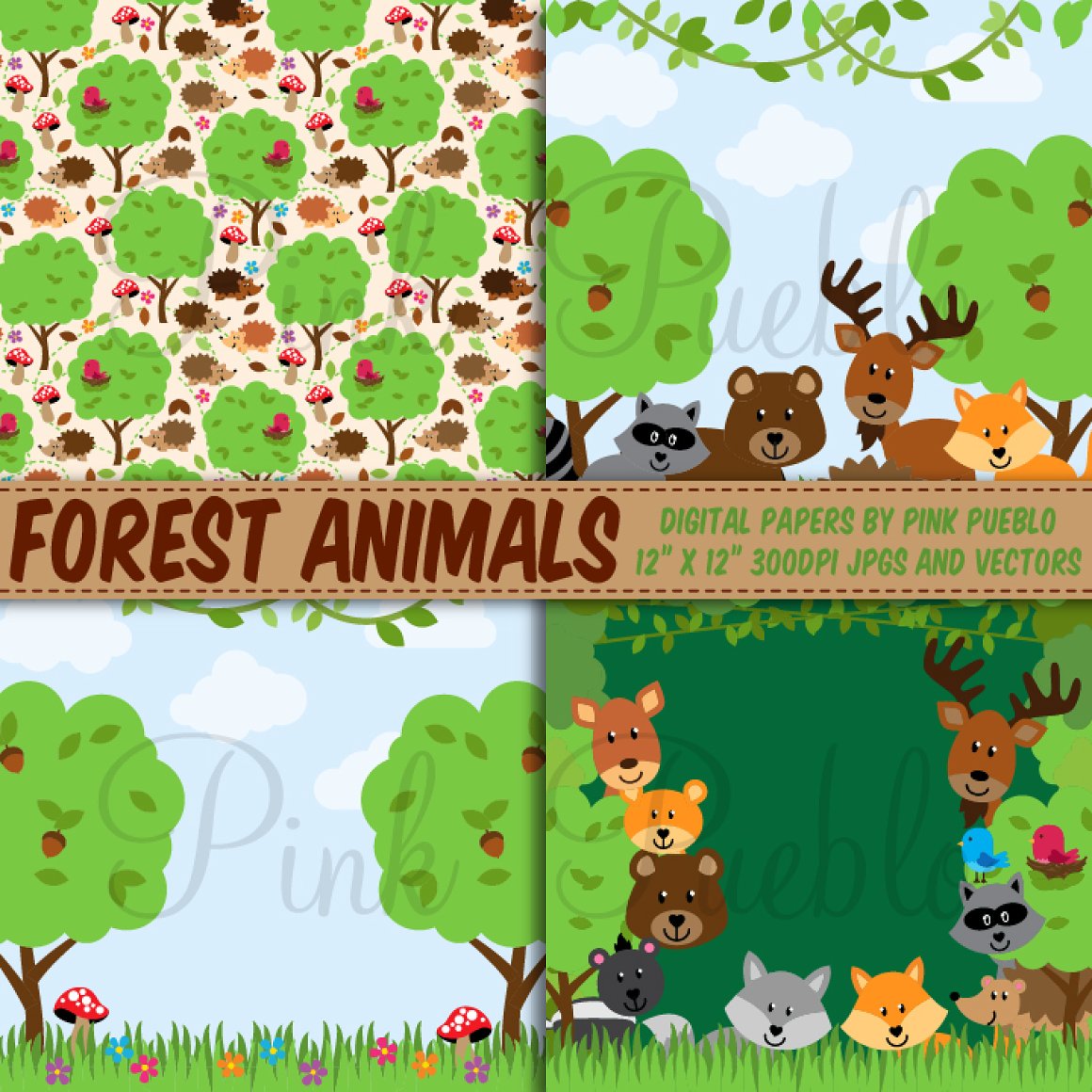 Bright forest illustrations with animals.