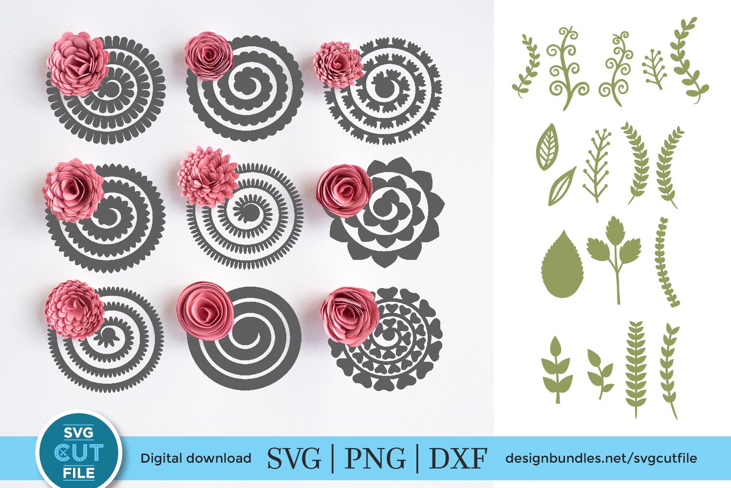 Rolled flowers with ornaments on the wooden background.