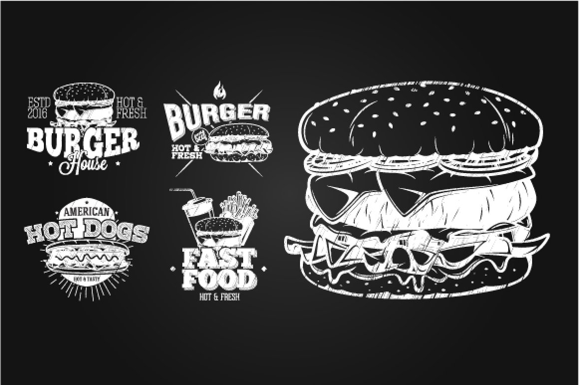 Black background with white food logos.