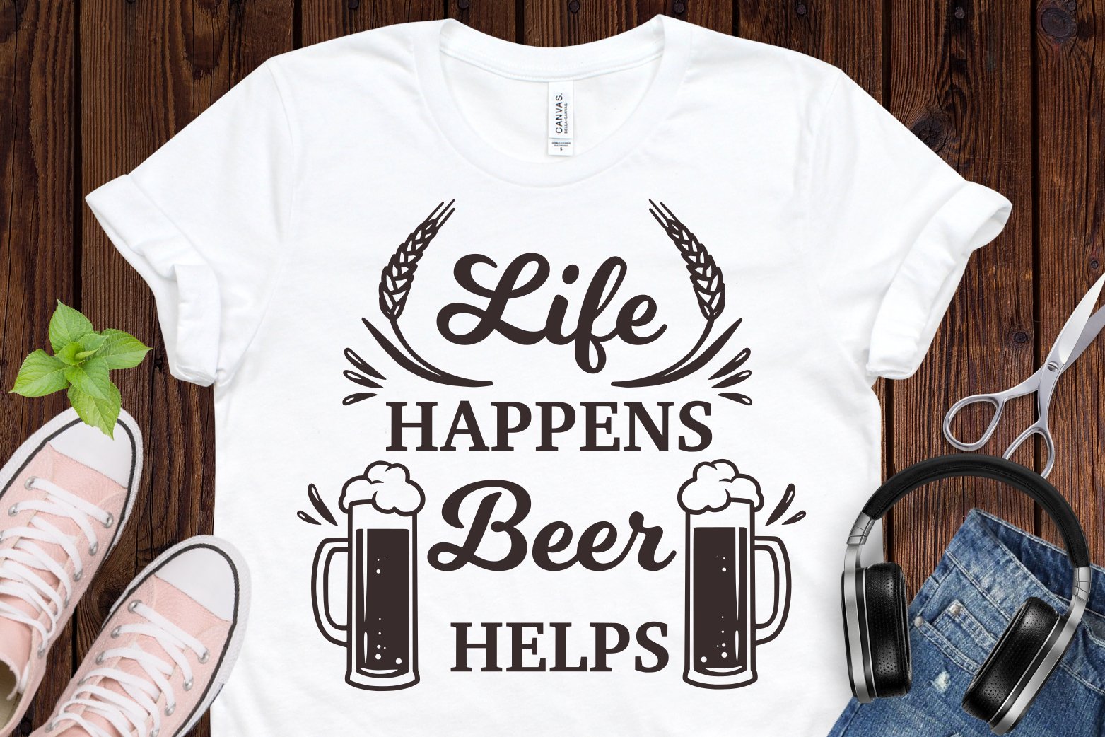 Beer phrase on the white t-shirt.