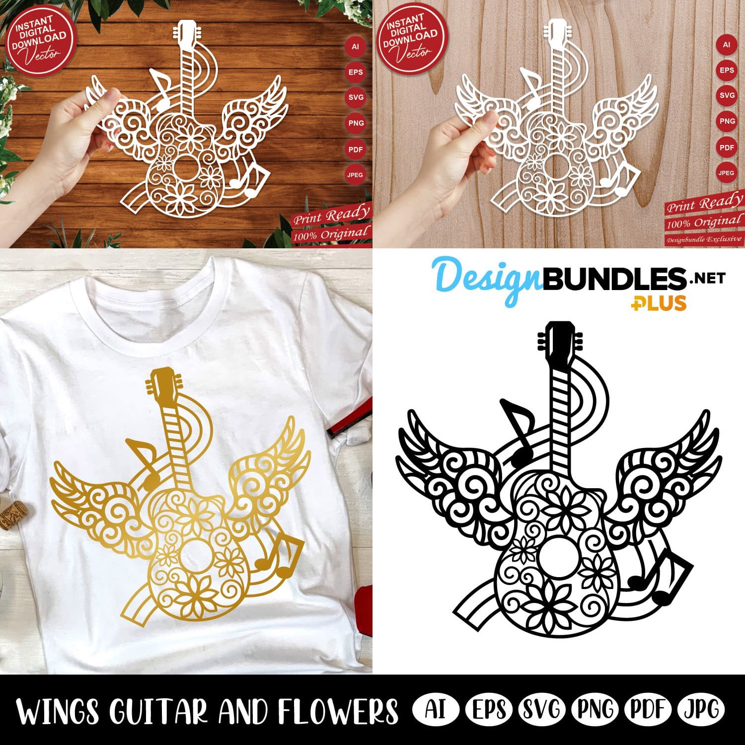 Flower Guitar with Wings and Music Notes SVG, Papercut.
