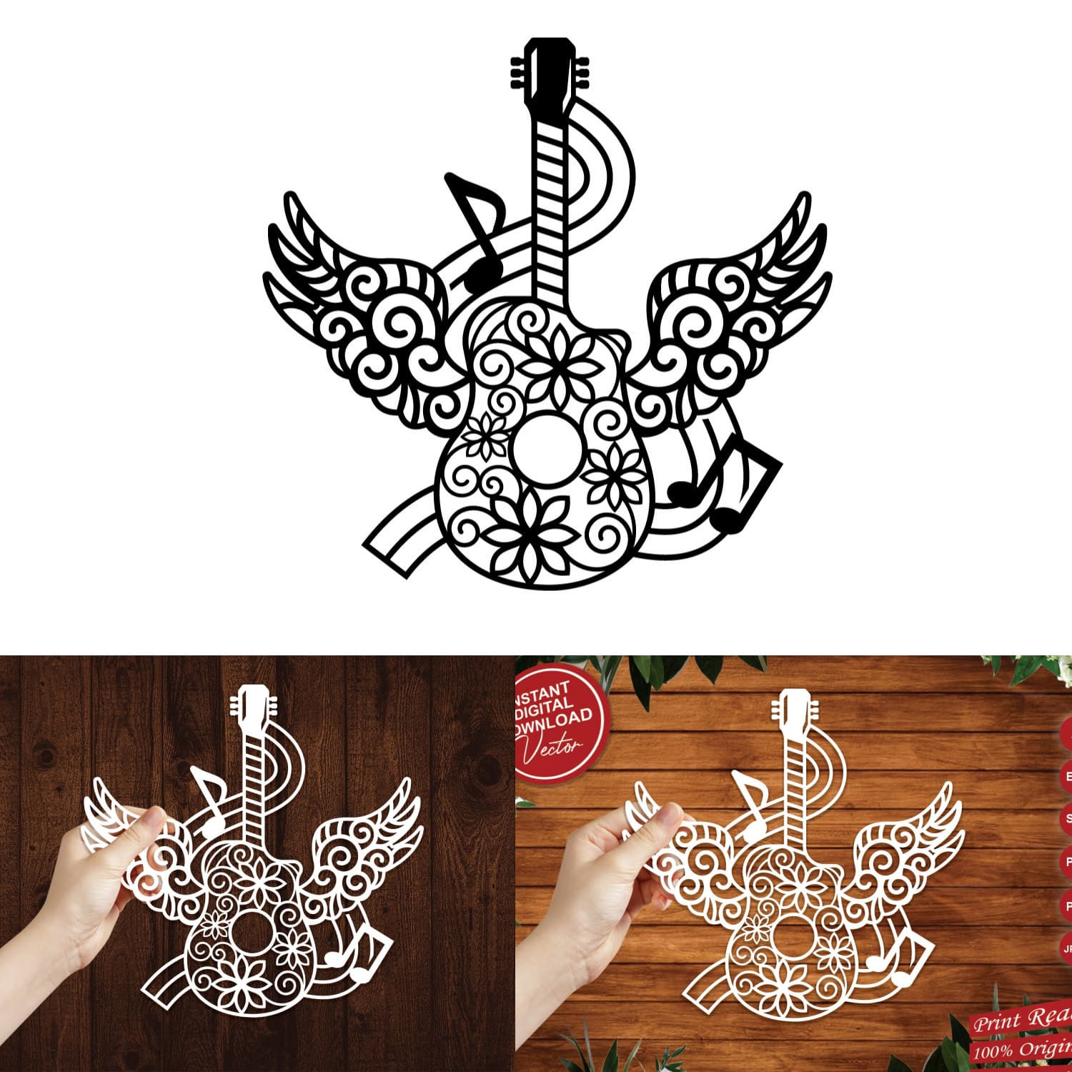 Flower Guitar with Wings and Music Notes SVG, Papercut cover.