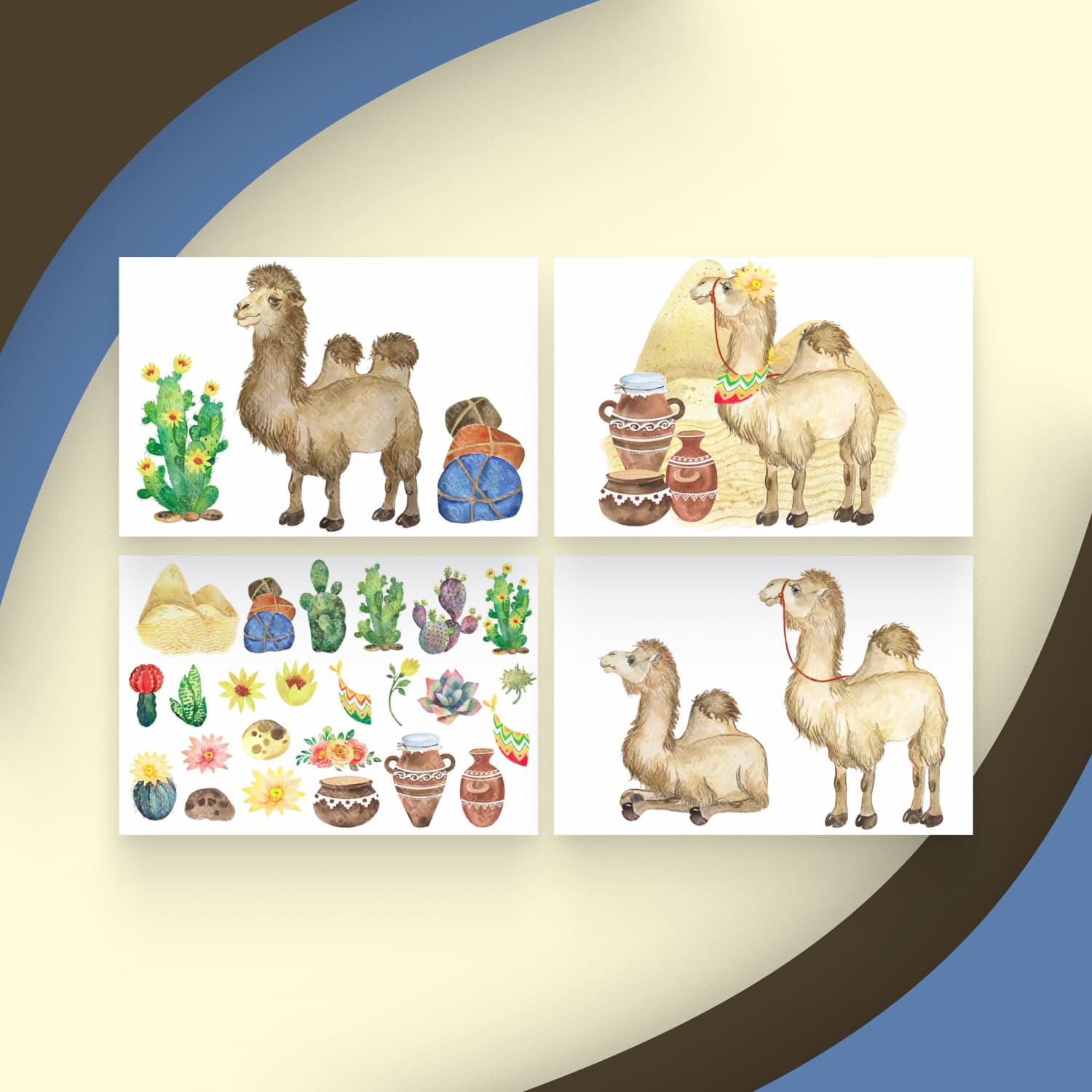 Camel watercolor clipart. Desert animals, flowering cacti cover.