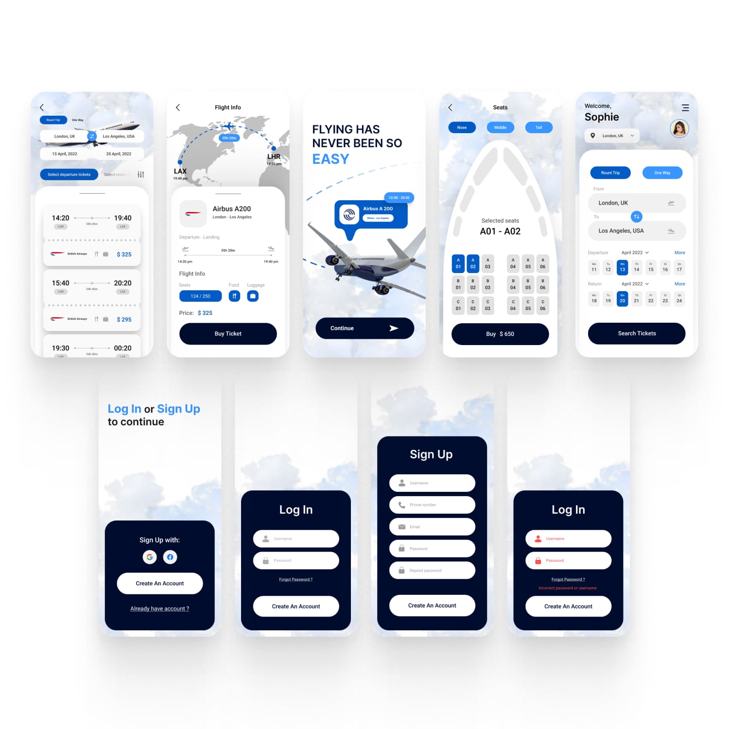 Flights Booking Mobile App UI Kit cover.
